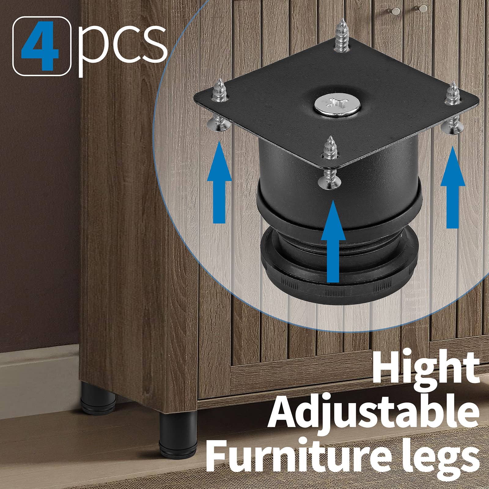 2 Inch Adjustable Stainless Steel Metal Furniture Legs - Round Black Cabinet Legs for Coffee Table, Desk, Sofa & Shelves (Pack of 4) | Durable & Stylish Home & Office Furniture Upgrade