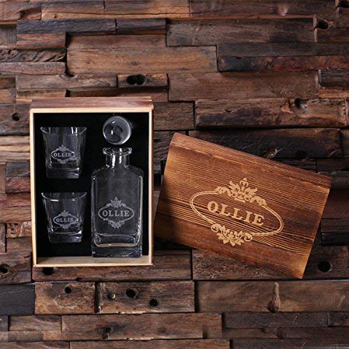Teals Prairie & Co. Personalized Engraved Whiskey Decanter Set - 2 Crystal Whiskey Glasses & Premium Wood Gift Box - Perfect for Anniversary, Wedding & Housewarming Gifts