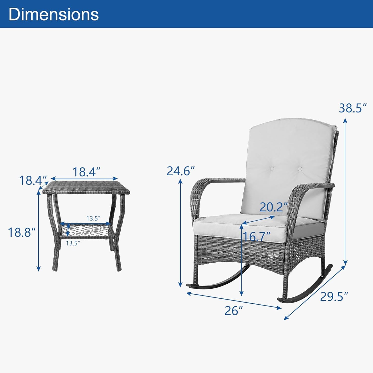3-Piece Outdoor Patio Furniture Set with 2 Wicker Rocking Chairs, Glass Coffee Table & Cushions - Blue Bistro Conversation Set for Garden, Porch, Backyard | Perfect for Relaxing, Entertaining & Outdoor Dining