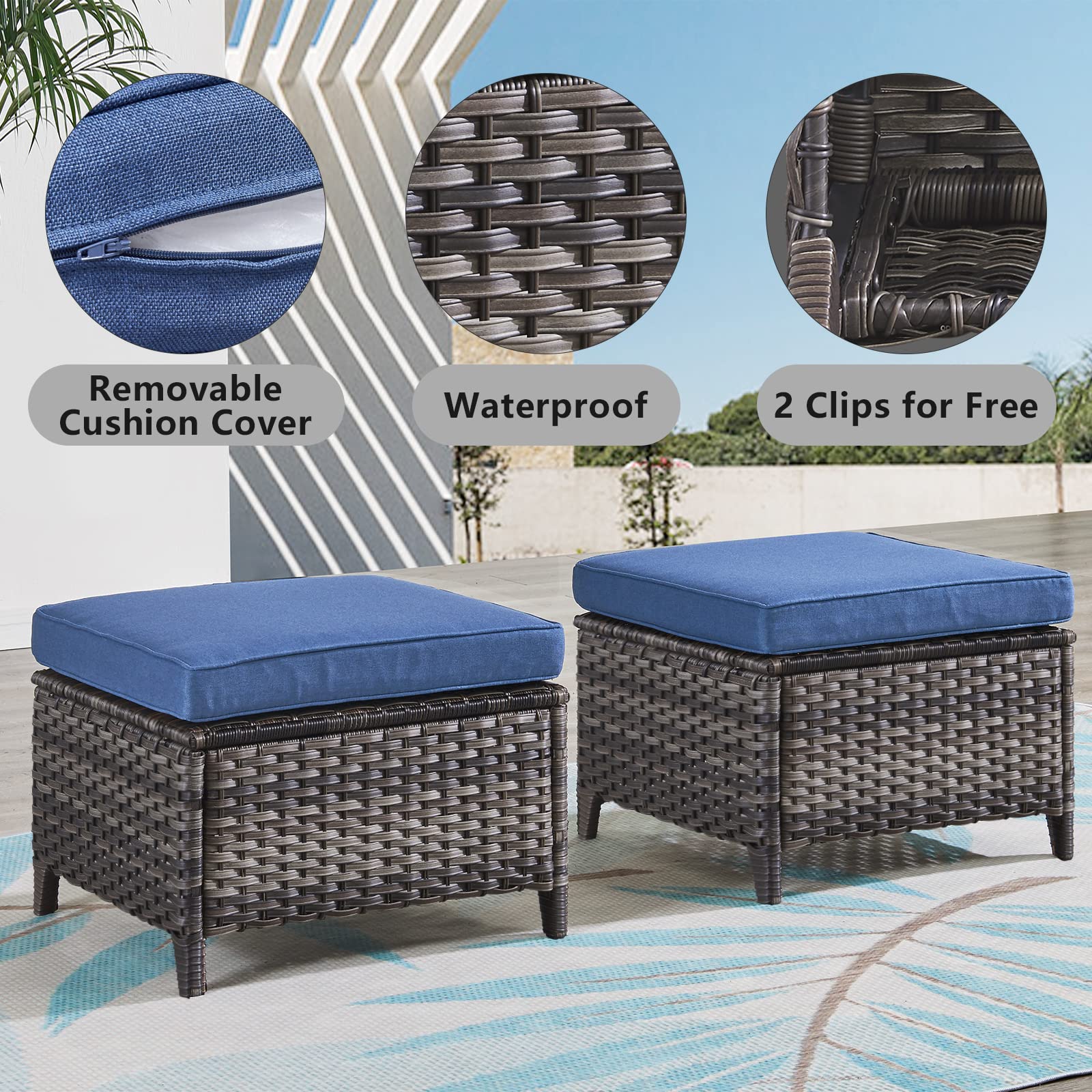 All-Weather Outdoor Furniture Ottoman Set of 2 - Patio Seating Footstool with Soft Cushions, Rattan Wicker Design - Perfect for Garden, Deck, Poolside & Backyard Relaxation