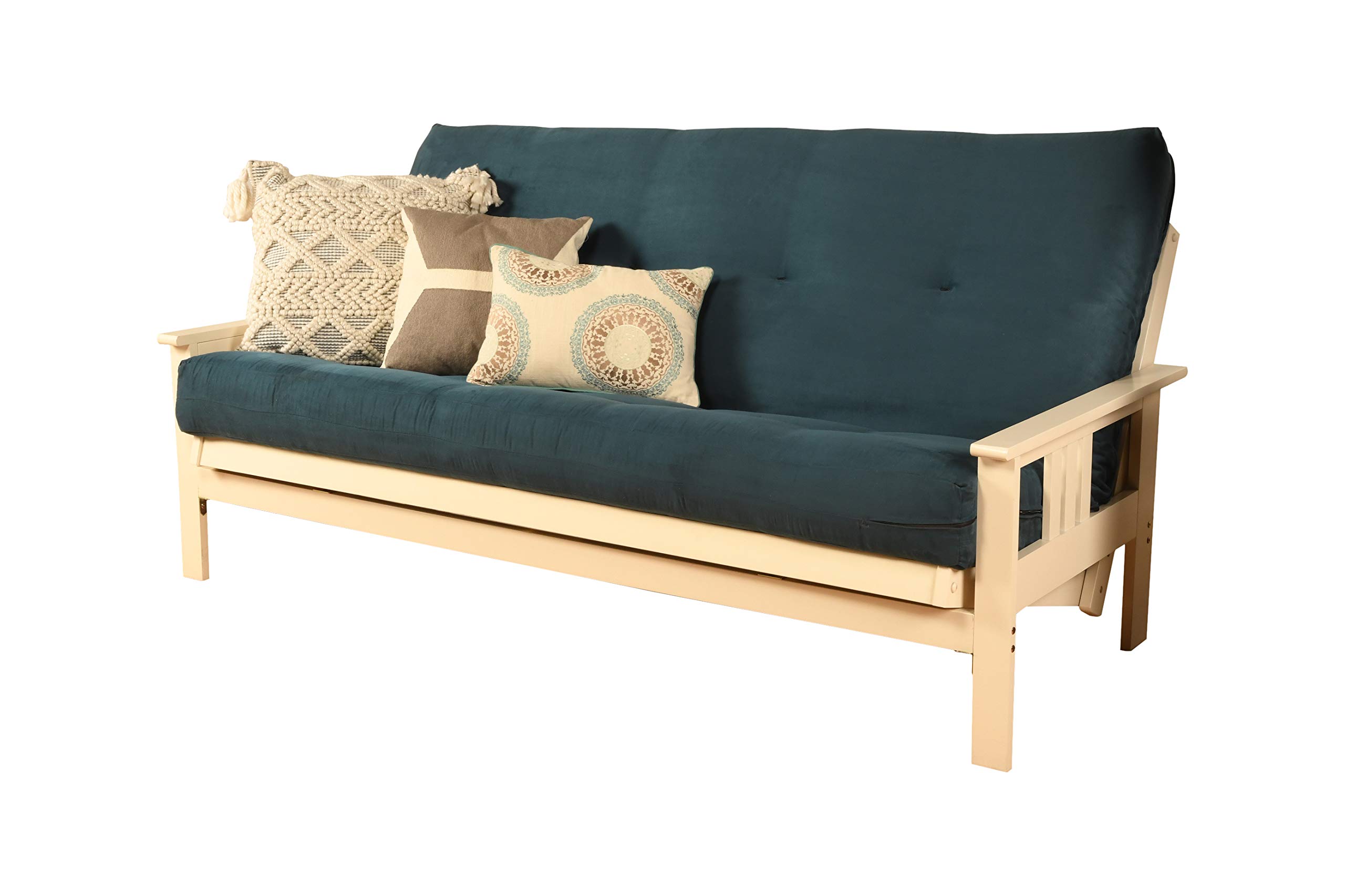 Kodiak Furniture Monterey Futon Set - Antique White Base with Navy Suede Mattress | Space-Saving Sleeper Sofa for Small Apartments, Guest Rooms & Dorm Living