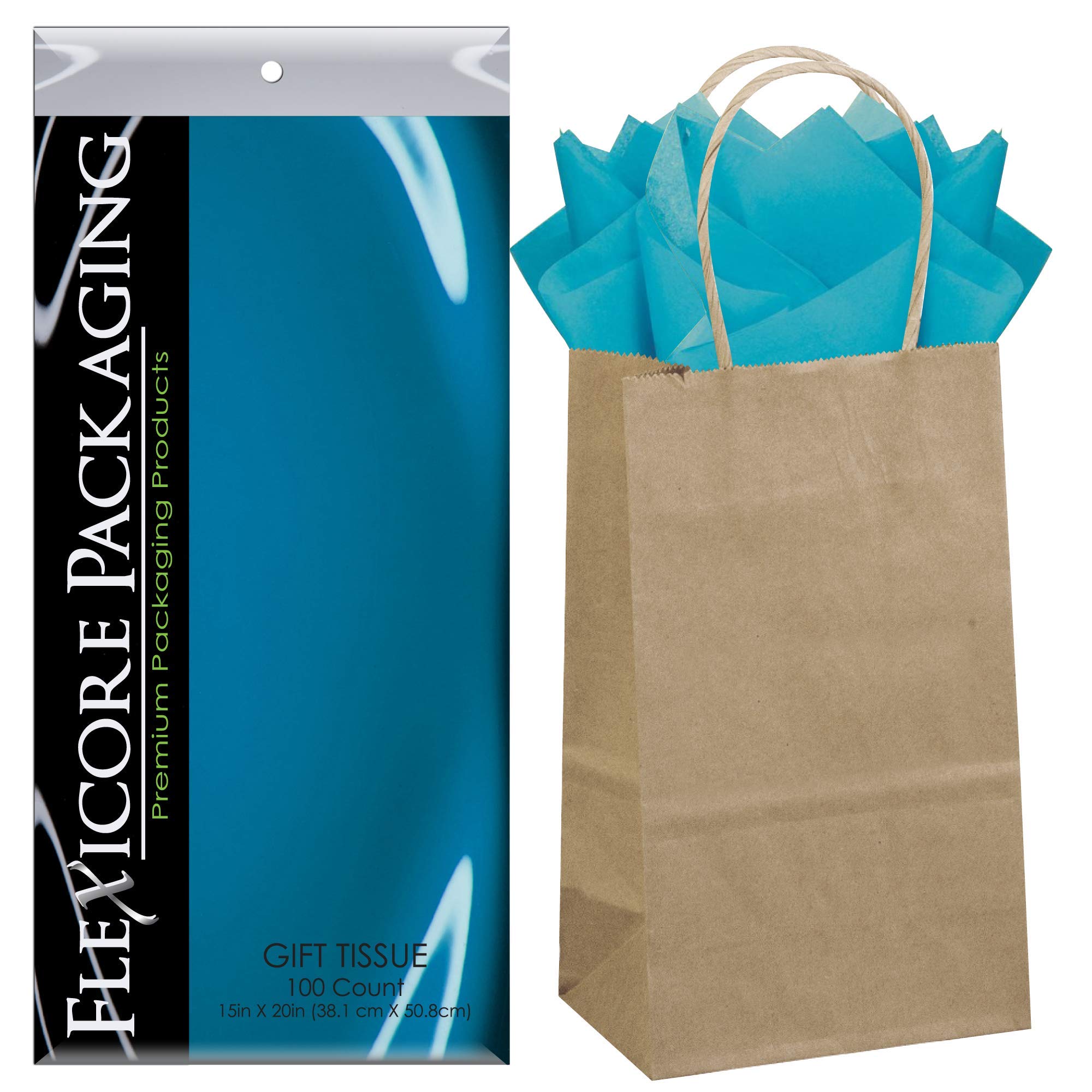 Natural Brown Kraft Paper Gift Bags 50ct + 100ct Turquoise Teal Gift Tissue Paper Set - Eco-Friendly Party Favor Packaging for Weddings, Birthdays & Baby Showers