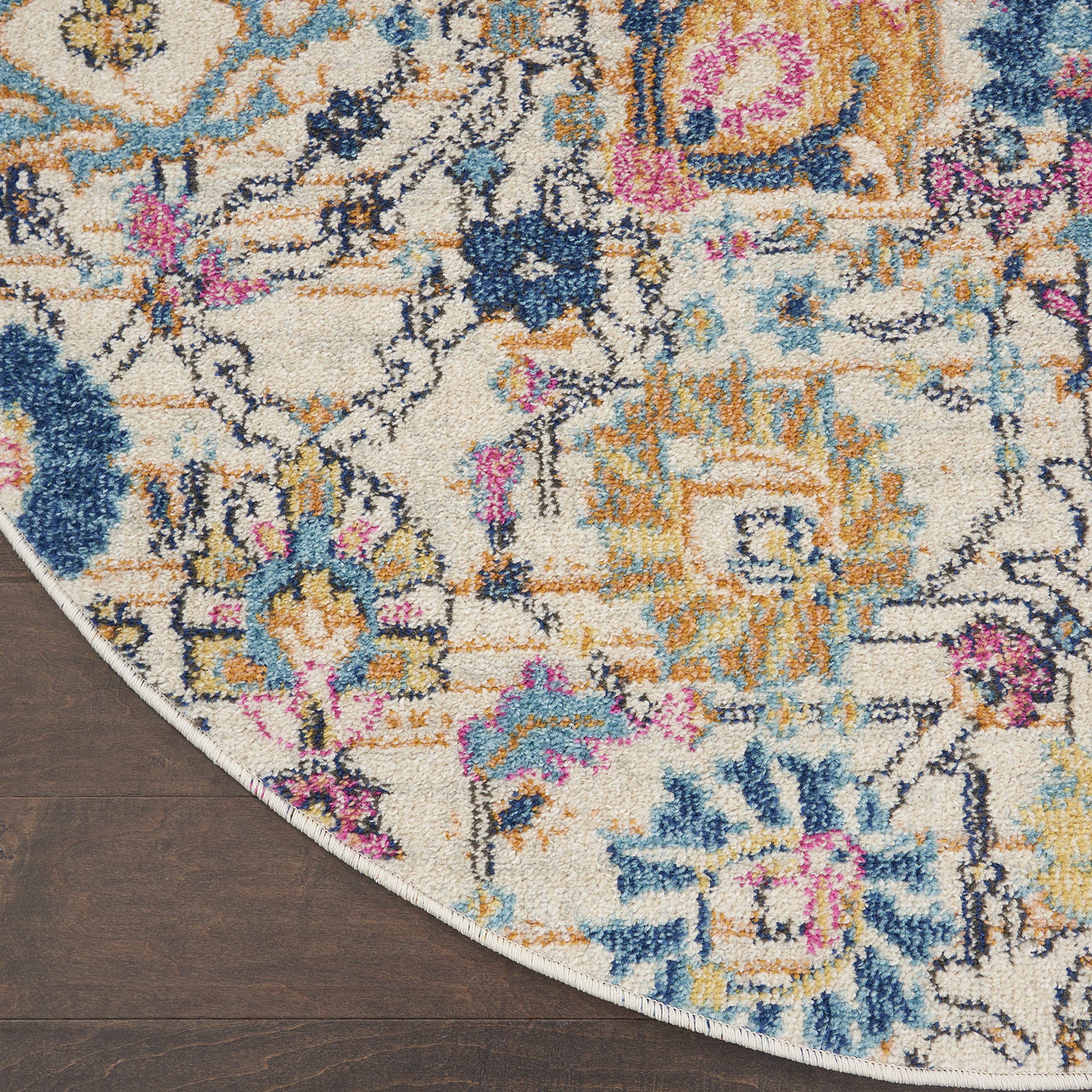 Nourison Passion Ivory/Multi 4' Round Boho Moroccan Area Rug - Non-Shedding, Easy to Clean - Perfect for Bedroom, Living Room, Dining Room & Kitchen Decor