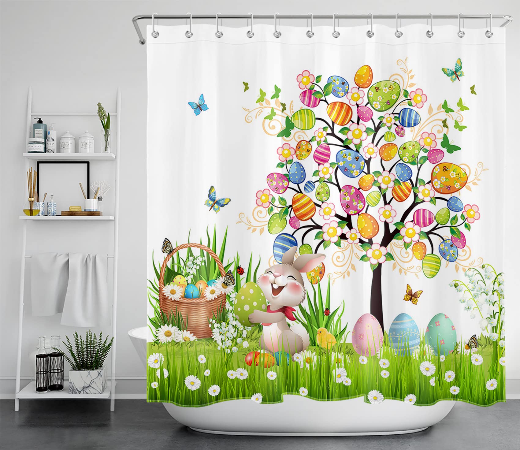 Happy Easter Shower Curtain - Colorful Easter Egg Tree Design, Waterproof Polyester Fabric Bath Curtain with 12 Hooks (72x72 Inches) - Perfect for Spring Bathroom Decor, Easter Party & Holiday Home Decoration