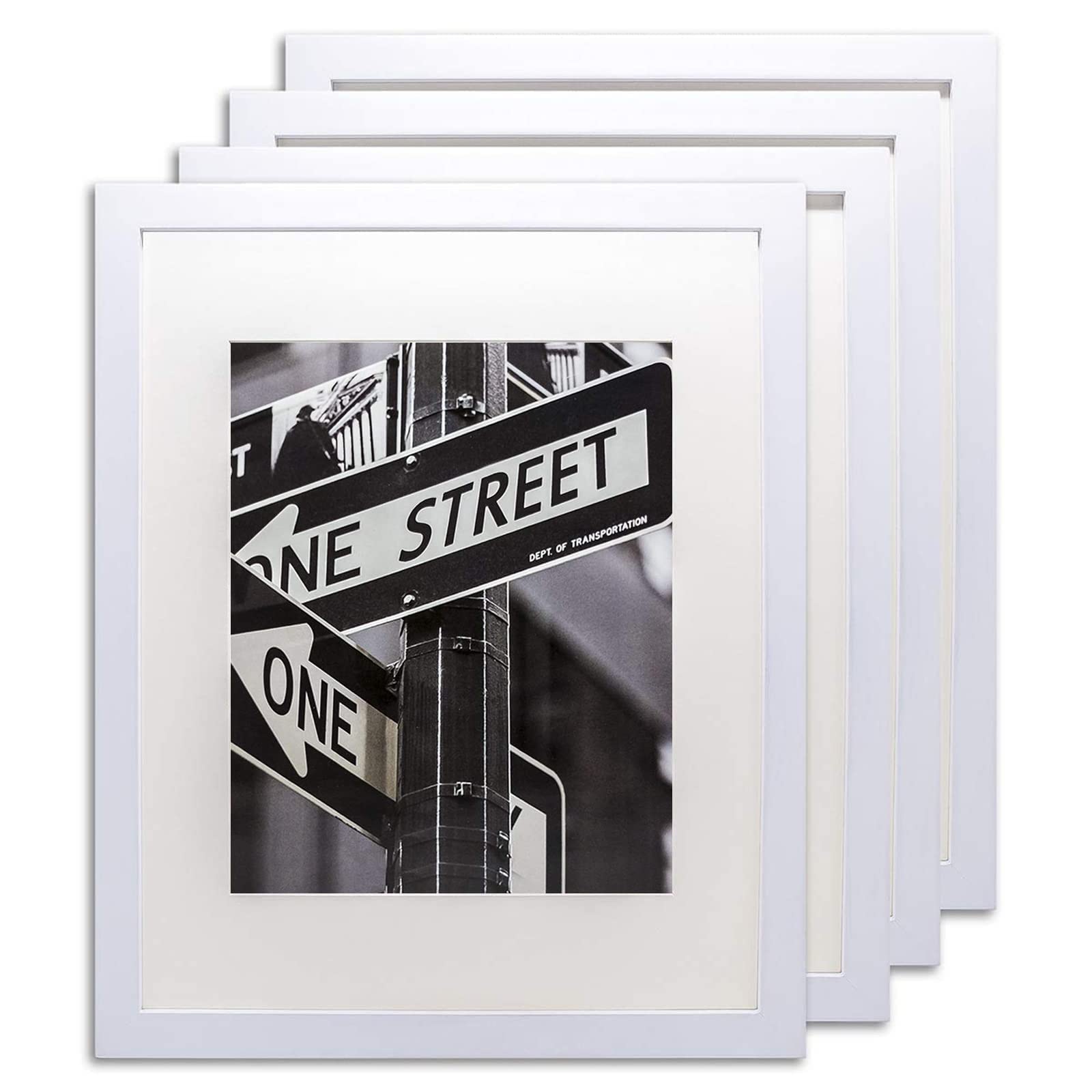 4-Pack Minimalist White Wooden Picture Frames with Tempered Glass - 16x20 Mat to 11x14 - Wall Mount Photo Display for Home & Office Decor - Perfect for Family Photos, Artwork, and Graduation Portraits