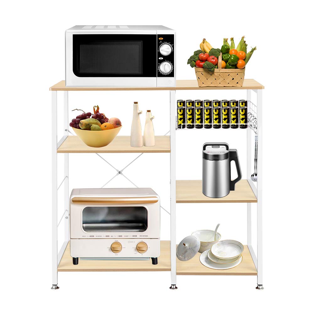 3-Tier White Oak Microwave Oven Stand with Storage Basket & Hooks - Industrial Kitchen Cart for Baker's Rack, Workstation Shelf & Utility Storage - Perfect for Small Kitchens, Apartments & Dorm Rooms