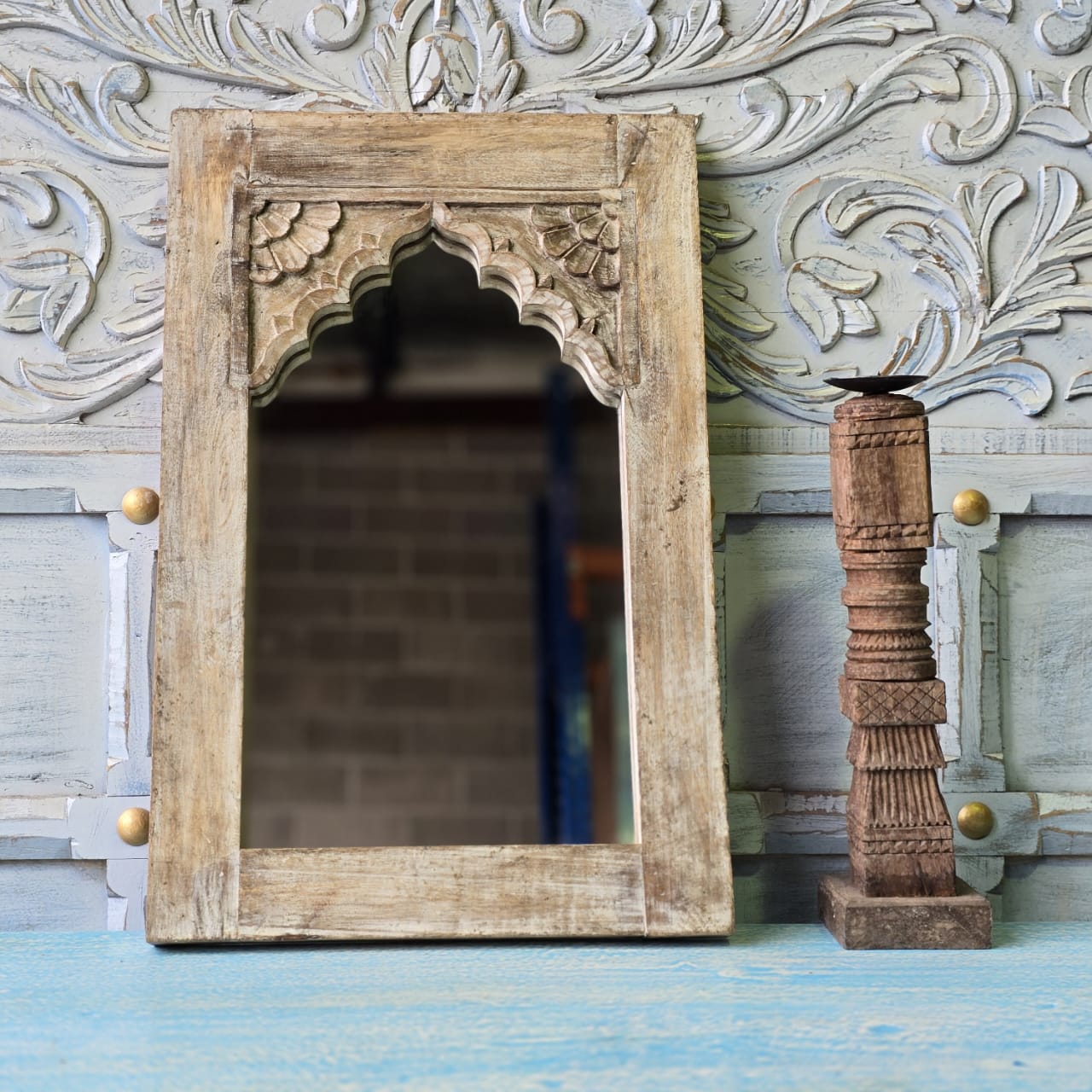 Handmade Floral Carved Solid Wood Indian Furniture Mirror Frame - Rustic Natural Wooden Wall Mirror for Bedroom, Living Room & Home Decor