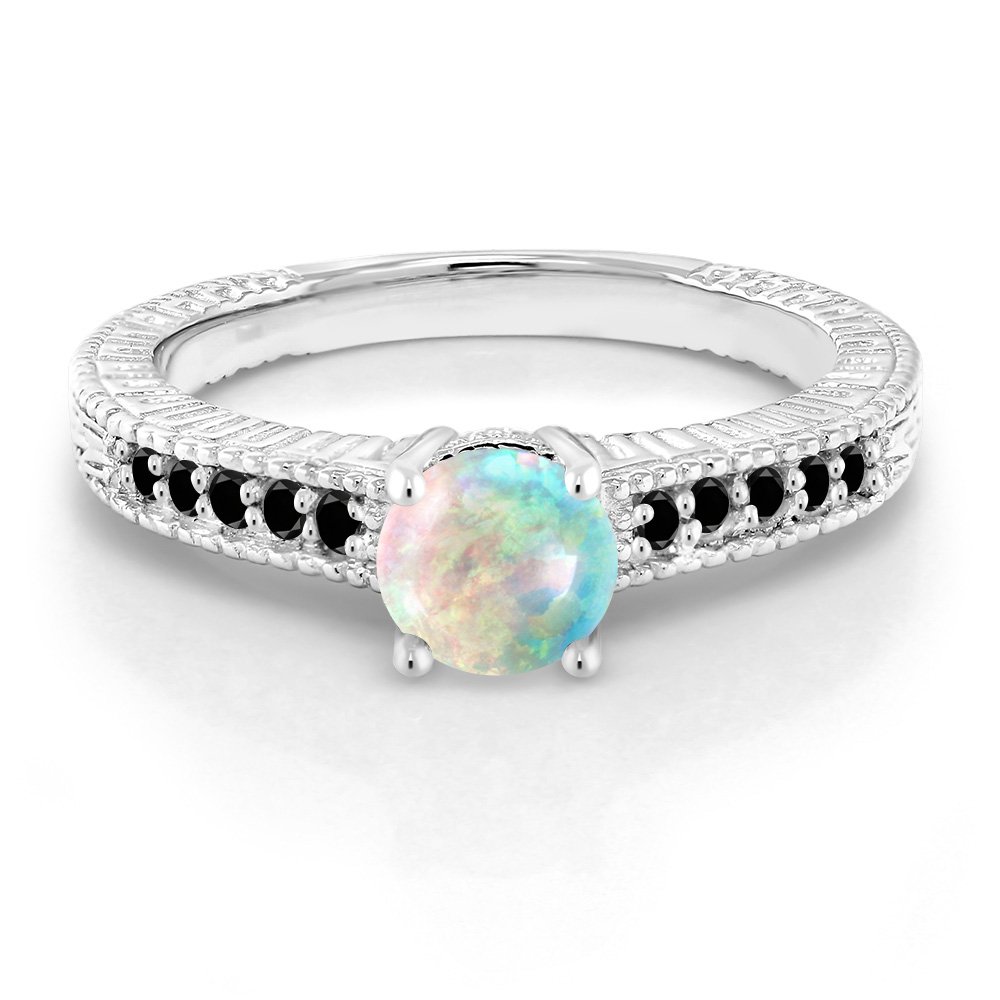 0.92Ct Simulated Opal & Black Diamond 925 Sterling Silver Engagement Ring for Women - Gem Stone King | Wedding, Proposal, Anniversary Gift Idea