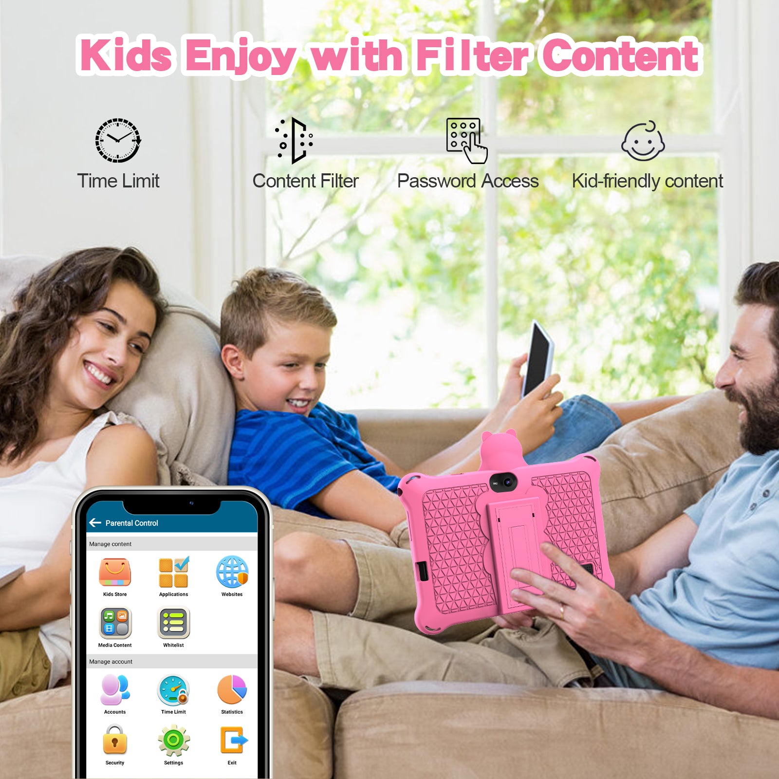 Baken K7 7 Inch Kids Tablet - 32GB WiFi Android Tablet with Bluetooth, Parental Controls & Pre-Installed Learning Apps - Educational Tablet for Children (Pink) - Perfect for Homeschooling & Interactive Learning