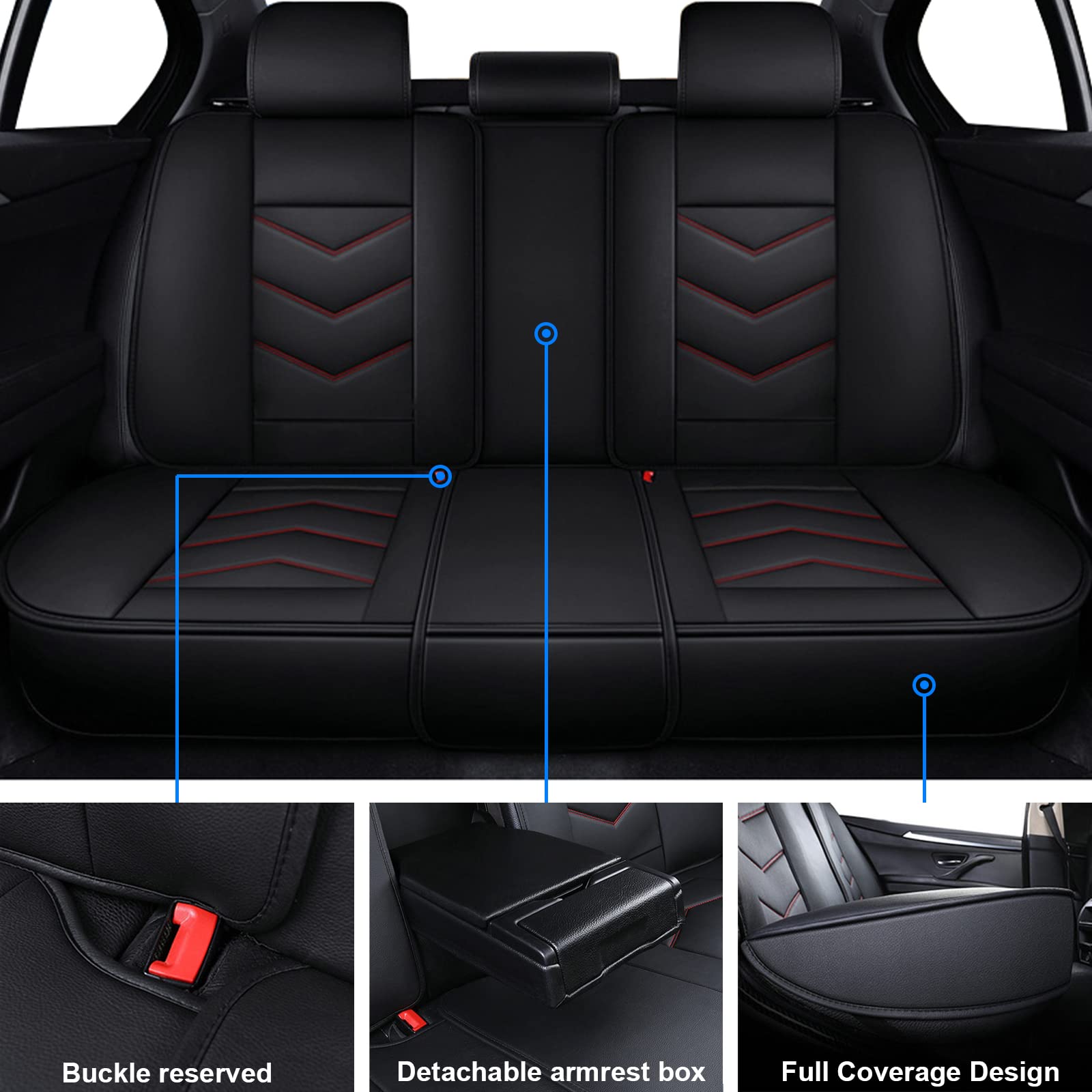 Universal 5-Seat Car Seat Covers - Waterproof Faux Leather Full Set (Front & Rear) for Hyundai Elantra, Subaru Impreza, Chevy Equinox & Toyota - Black & Red - Perfect for Daily Commute, Road Trips & Pet Protection