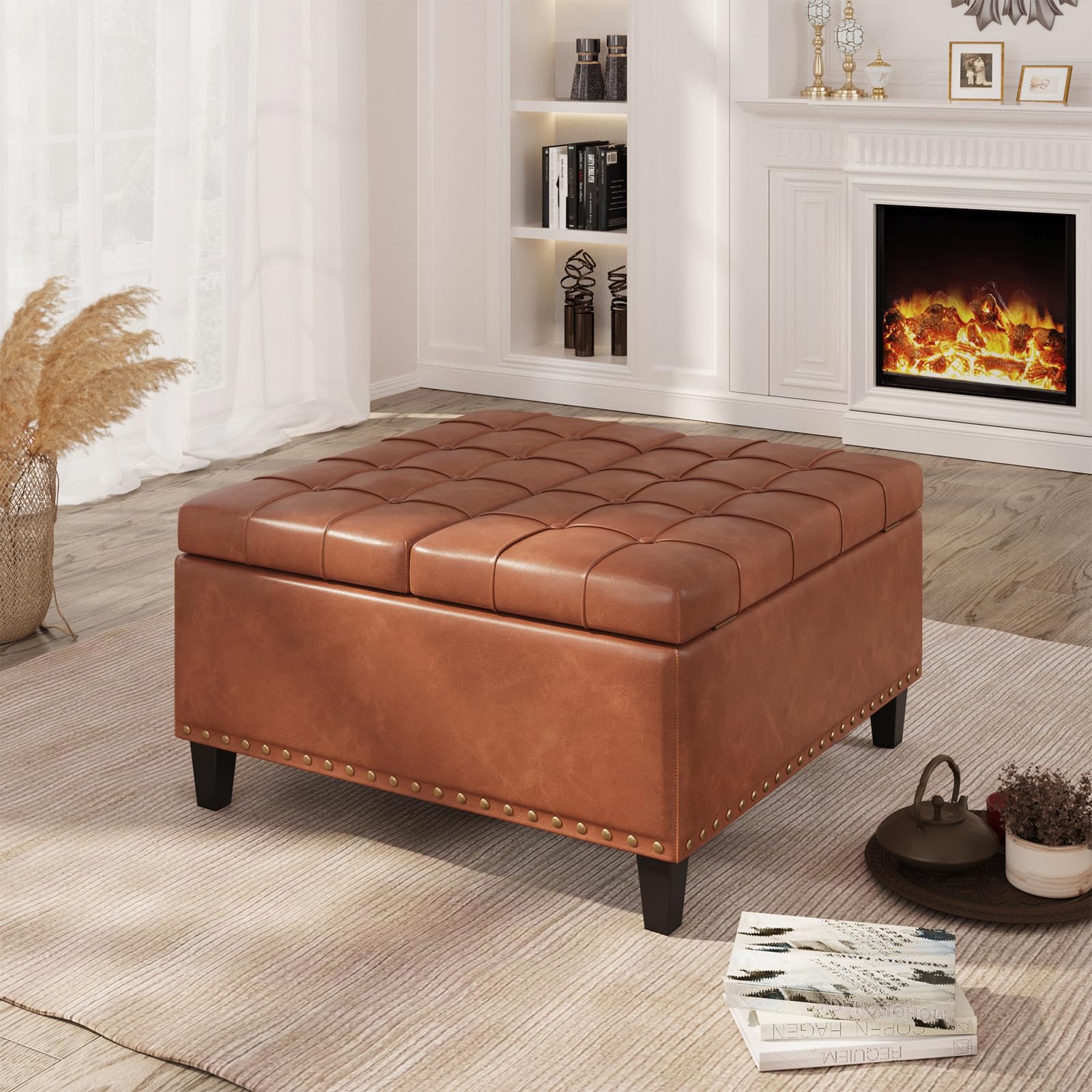 Square Leather Storage Ottoman with Lift Top - Large Upholstered Footrest Stool & Toy Box for Living Room, Bedroom - Brown Leather Coffee Table Ottoman | Perfect for Extra Seating, Storage & Home Decor