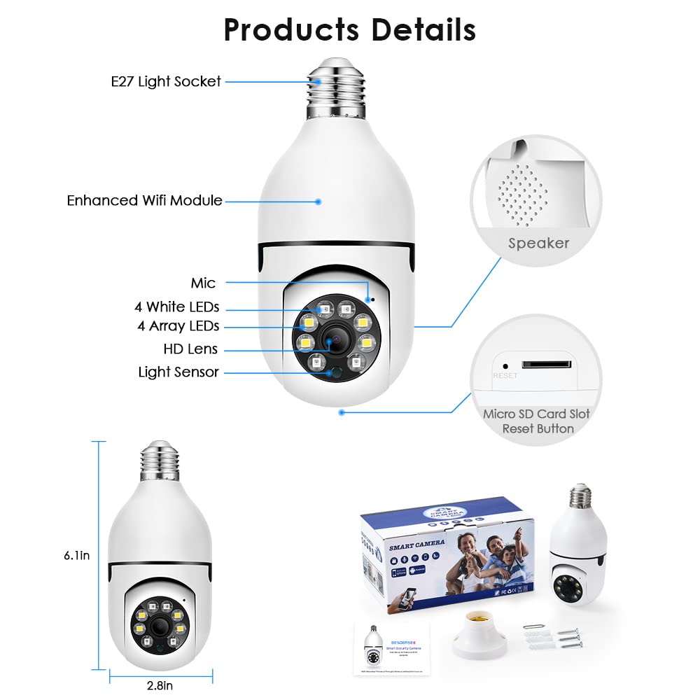 Eversecu 2 Pack 1080P 2.0MP Wireless PTZ Security Camera with E27 Light Bulb Connector - Motion Auto Tracking, 2-Way Audio, Night Vision, Tuya Smart Life App WiFi IP CCTV Camera for Home/Office Indoor Surveillance