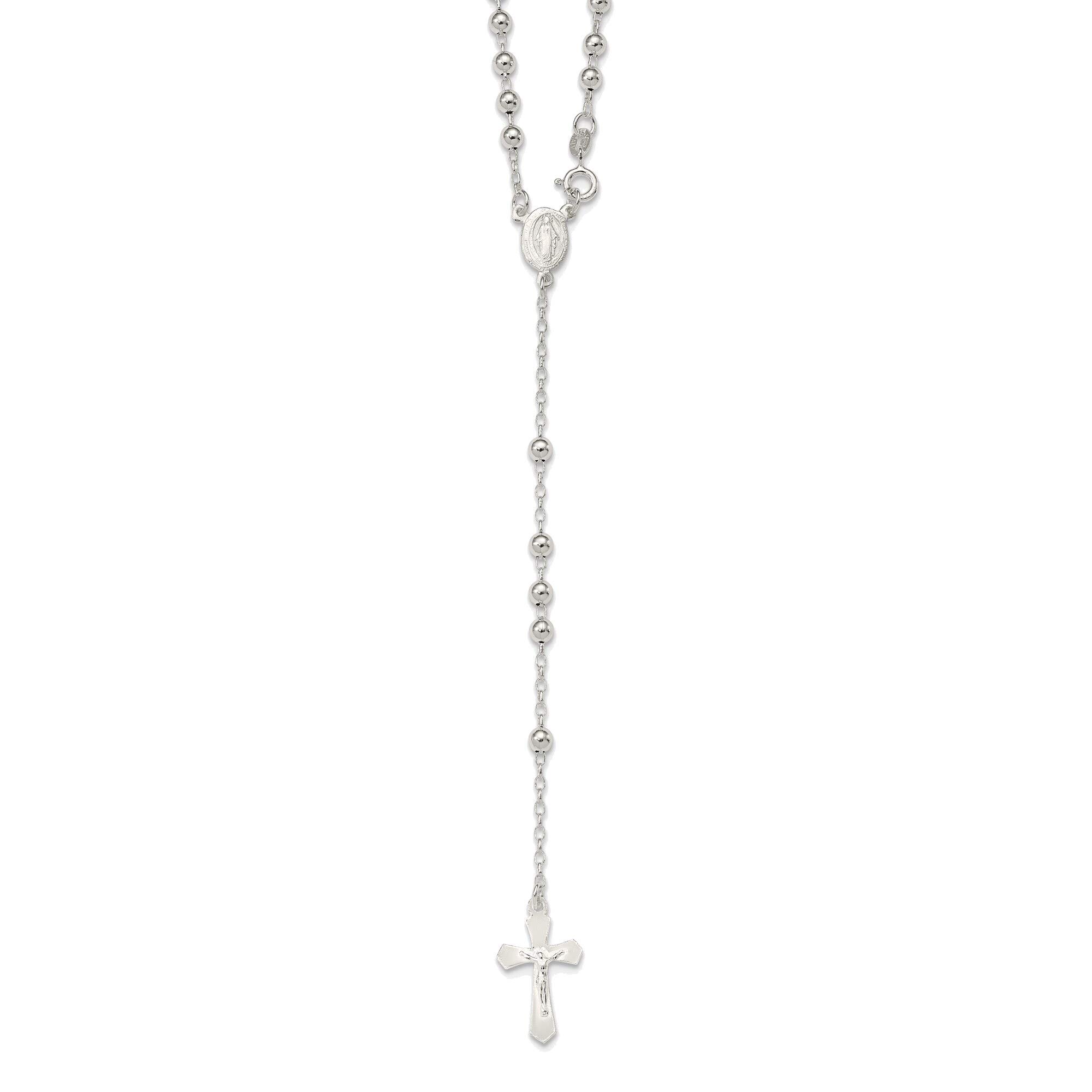 Bonyak Jewelry Solid Sterling Silver Polished Rosary Necklace - Religious Cross Pendant for Women & Men - Perfect for Prayer, Gifts & Everyday Wear