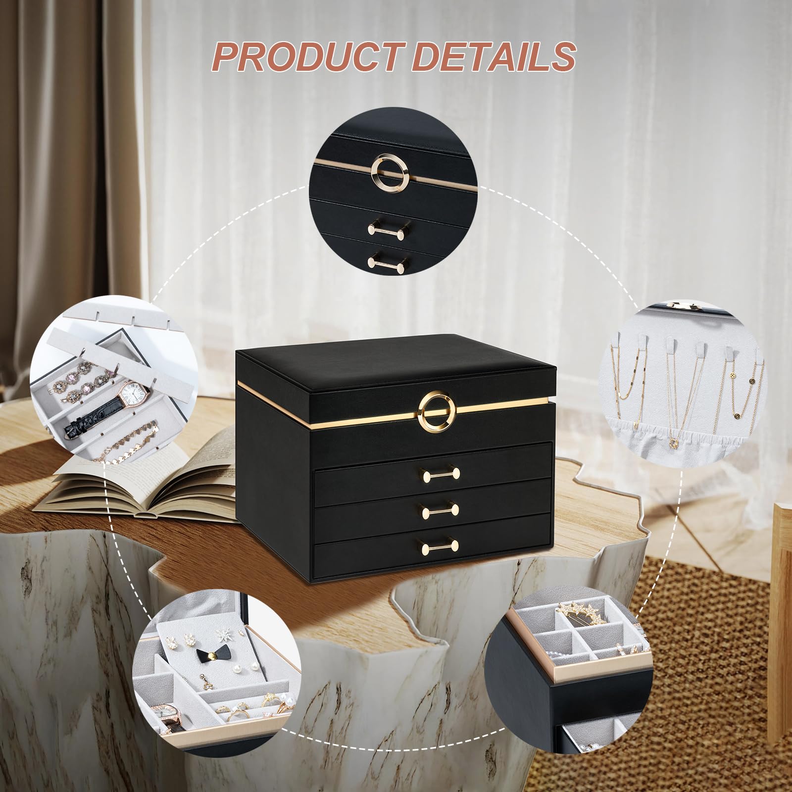 4-Layer Large Jewelry Organizer Box for Women with 3 Drawers - Modern Storage Case for Earrings, Rings, Bracelets & Necklaces (Black) | Perfect for Bedroom Vanity, Travel & Gift Giving