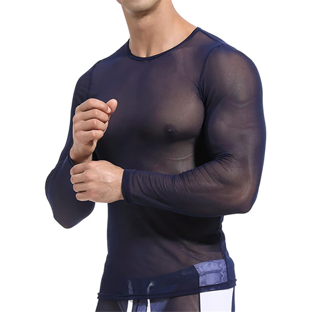 Sexy Mesh Transparent Men's Undershirts - Sheer Long Sleeve Lingerie T-Shirt for Sensual Wear & Intimate Moments - Breathable Comfort Underwear for Date Nights & Special Occasions