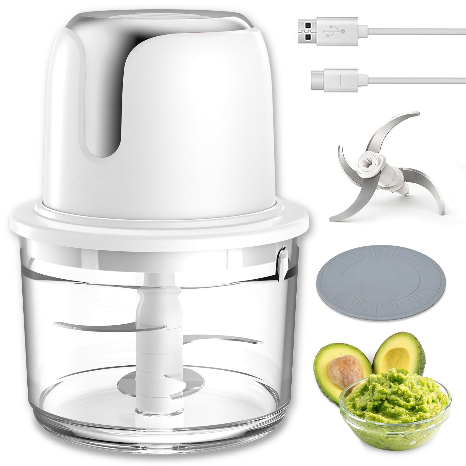 Cordless Food Processor with 5-Cup Glass Bowl - 6000mAh USB-C Rechargeable Electric Chopper for Vegetables, Meat, Garlic & Onion - Compact Wireless Kitchen Blender for Salad Prep & Baby Food Making - Perfect for Small Kitchens & Quick Meal Preparation