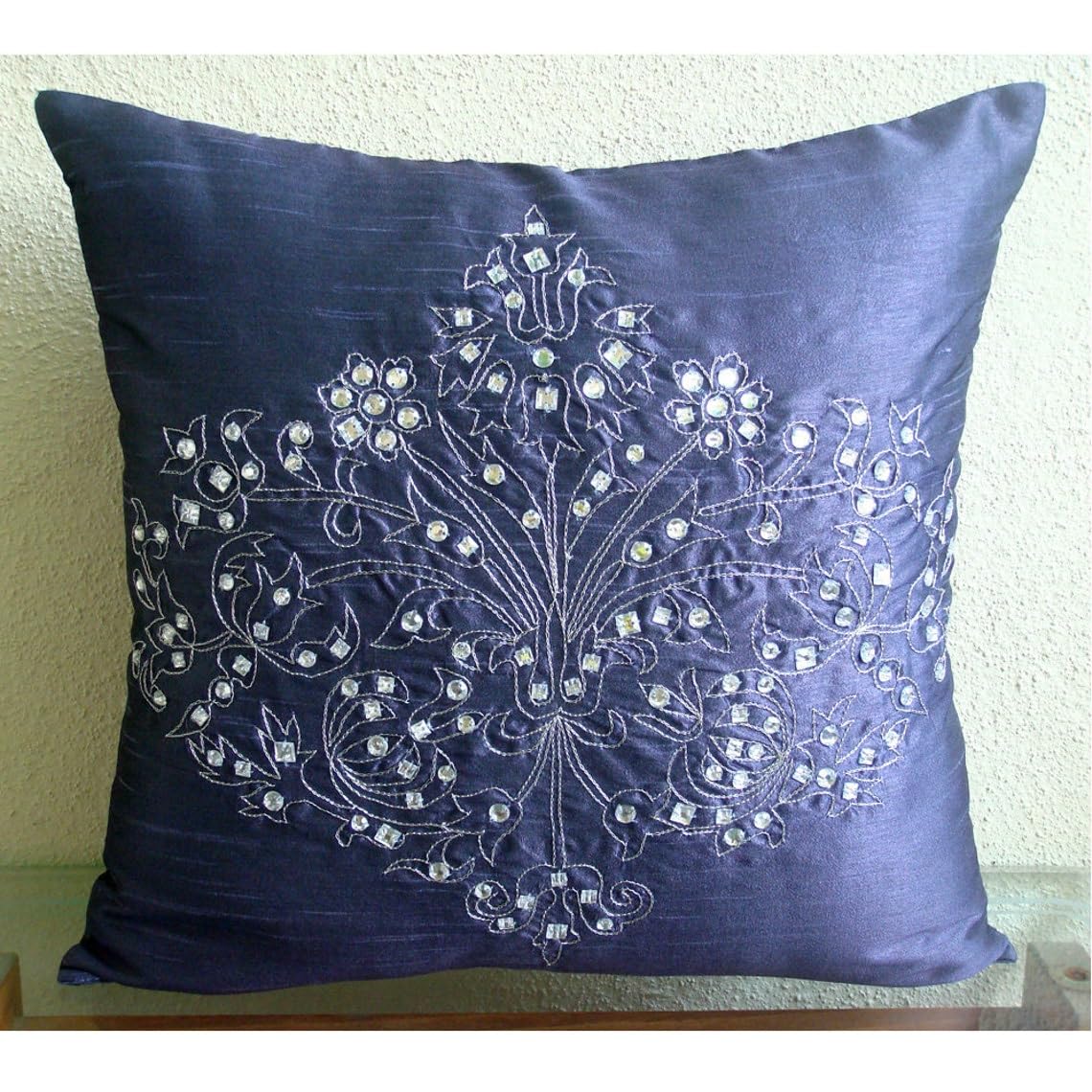 Premium 14x14 Inch (35x35 cm) Zippered Silk Throw Pillow Cover - Purple Crystal Damask Floral Design for Sofa, Bed & Home Decor