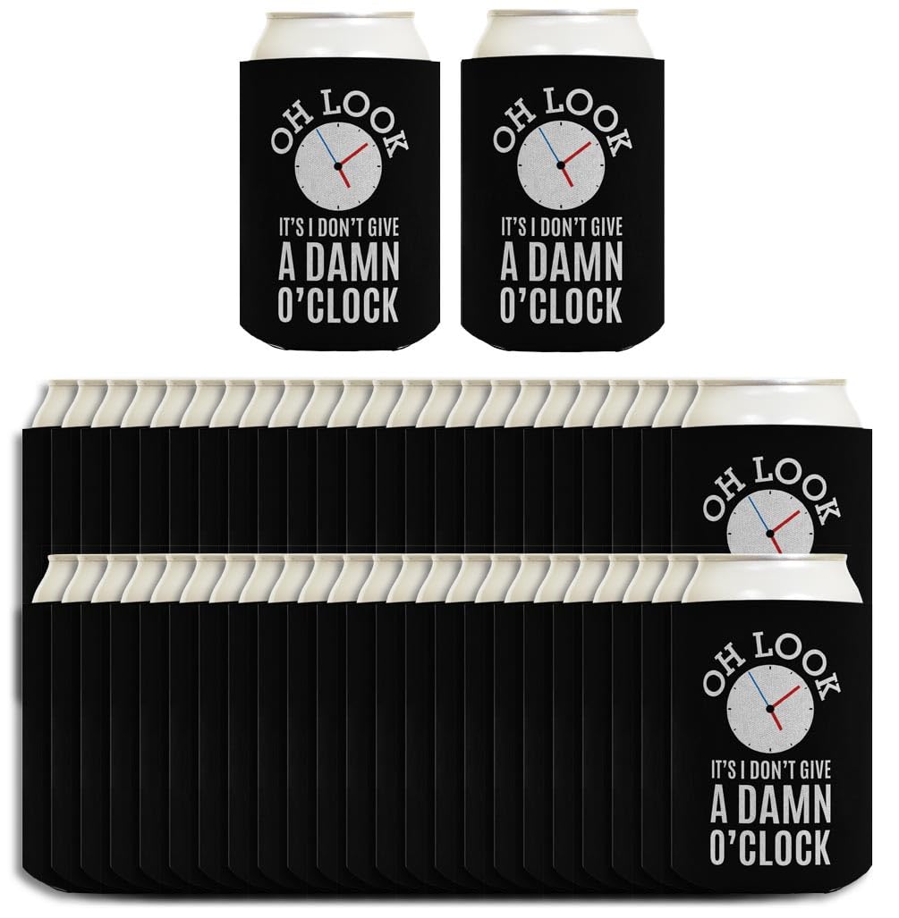 48-Pack Black Can Coolers - Insulated Drink Sleeves for Beer & Soda - Funny Retirement Gifts 'It's Don't Give a Damn O'Clock' - Perfect for Parties, BBQs & Office Celebrations