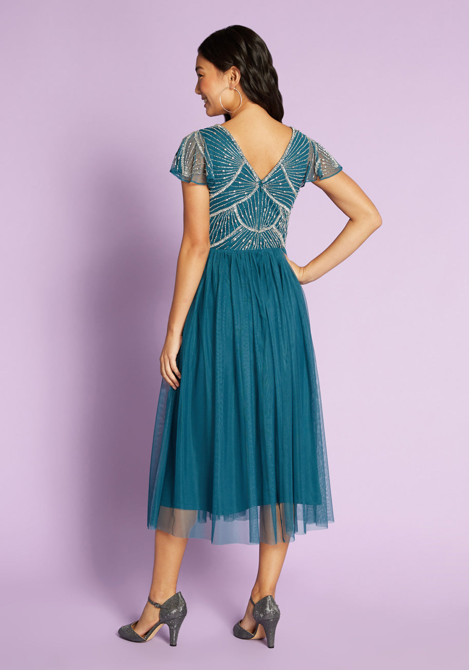 Elegant Shimmering Cascades Midi Dress for Women - Perfect for Evening Parties, Weddings & Special Occasions
