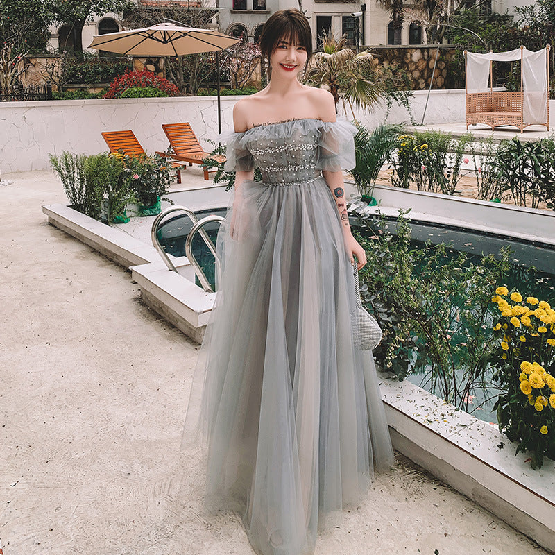 Elegant Off Shoulder Tulle Long Prom Dress in Gray Green - Formal Evening Gown for Homecoming, Wedding & Special Occasions | Style 299