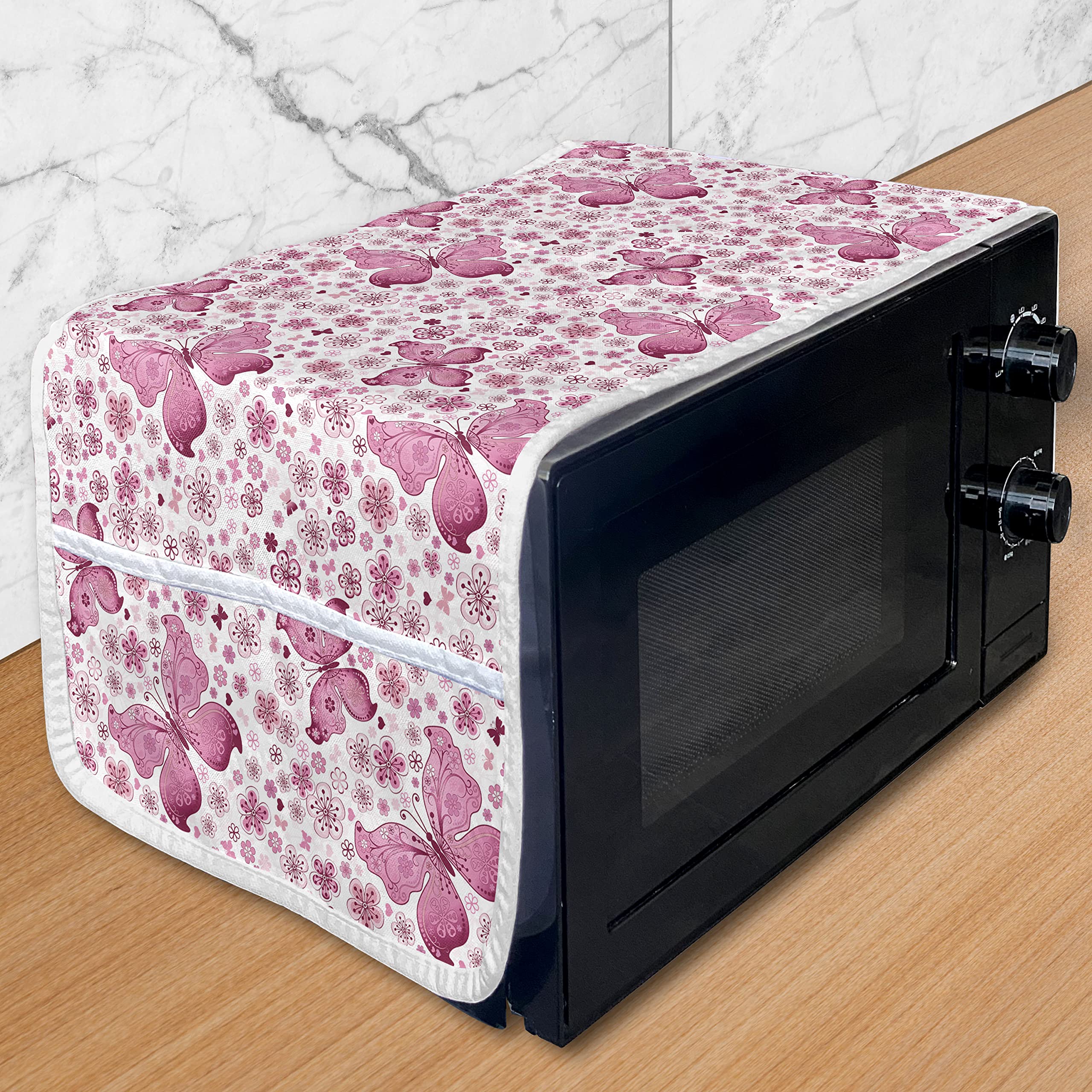 Ambesonne Vibrant Butterfly Microwave Cover - Floral Hearts Pattern, Waterproof Kitchen Organizer with Pockets, 36