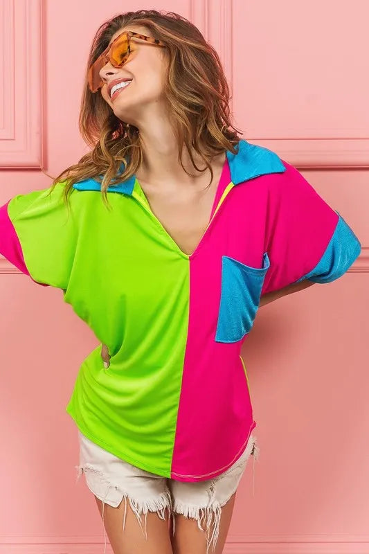 BiBi Slinky Knit Color Block V-Neck Top | Women's Fashion T-Shirt for Casual Wear & Layering
