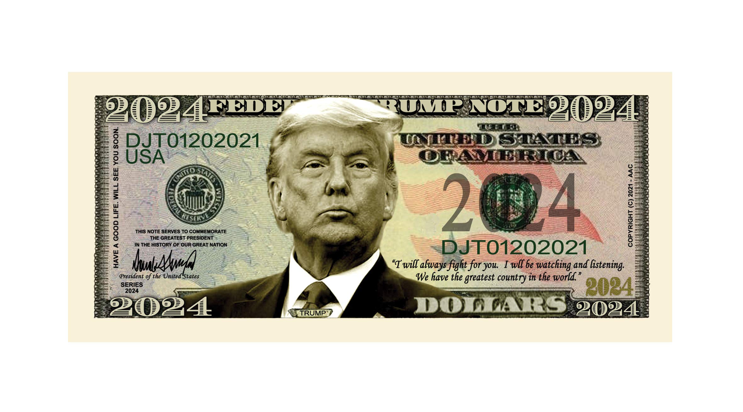 Donald Trump 2024 President Limited Edition Novelty Dollar Bills - Pack of 100 - Full Color Front & Back Detailed Printing - Make America Great Again - Perfect for Political Campaigns, Collectibles & Patriotic Gifts