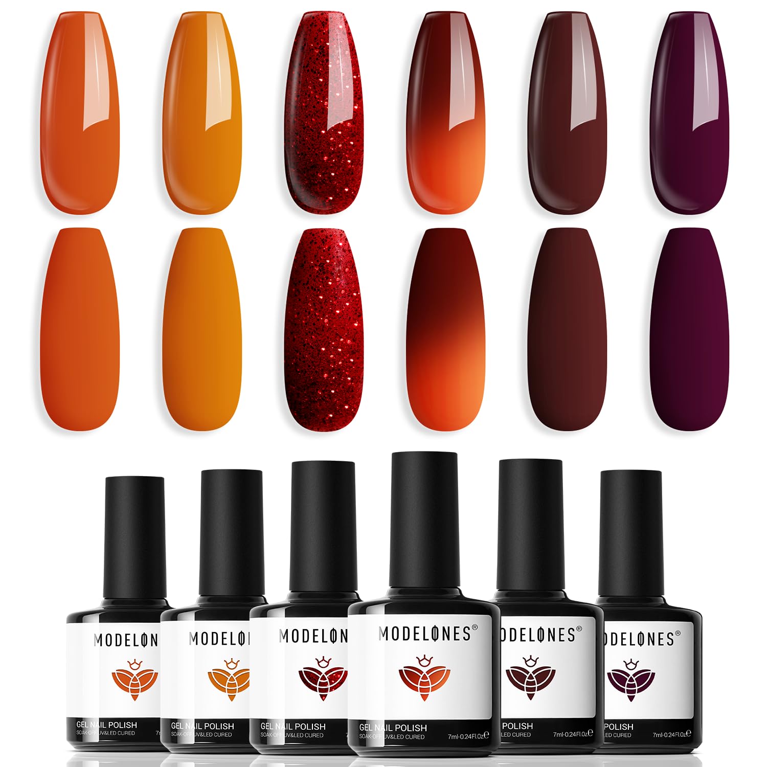 Modelones 6 Colors Gel Nail Polish Set - Glitter Red, Orange, Burgundy, Turkey, Pumpkin Color Changing Soak Off UV/LED Gel Polish Kit for Nail Art Manicure | Perfect for Home Salon, DIY Nail Designs, Gift for Women & Girls