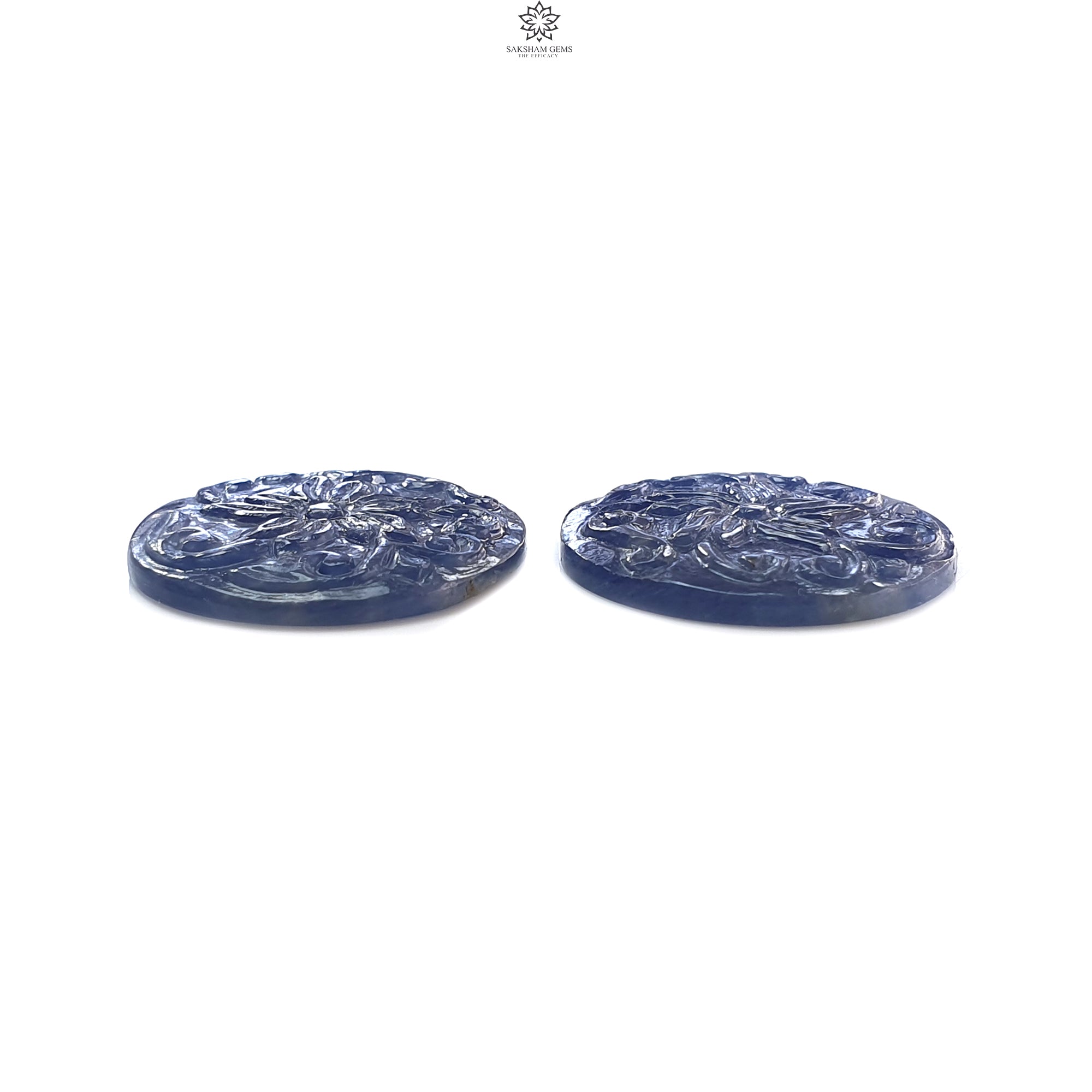 Natural Blue Sapphire Gemstone Carving - 47.20cts Untreated Round Hand-Carved Sapphire Pair (24mm) - September Birthstone for Jewelry Making & Luxury Gifts