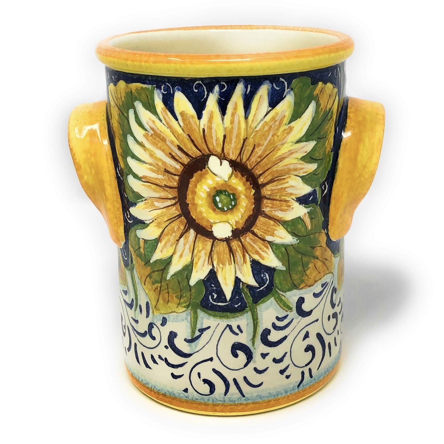 Hand-Painted Italian Ceramic Utensil Holder & Wine Bottle - Tuscan Sunflower Art Pottery Decor, Made in Italy | Perfect for Kitchen Organization & Rustic Home Decor