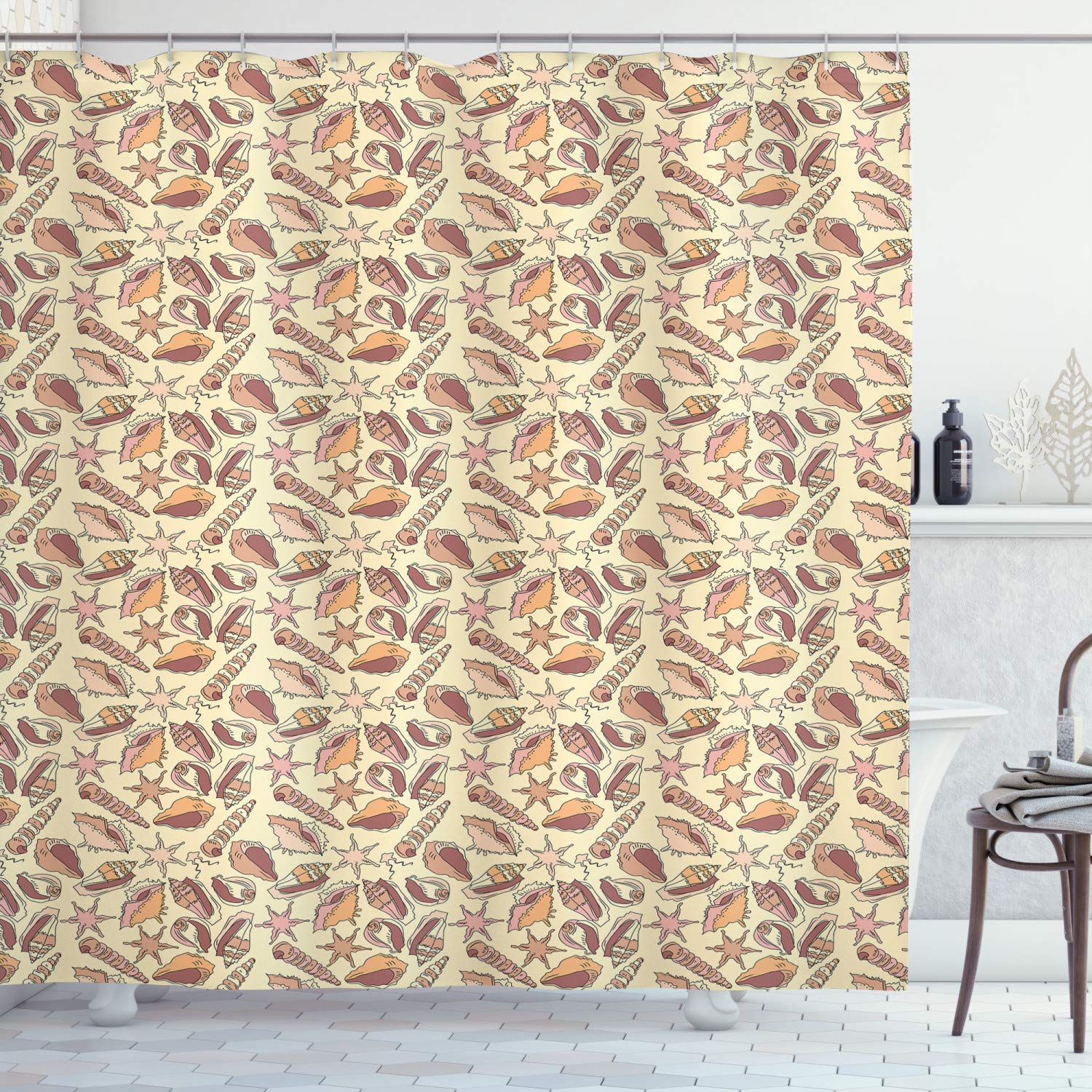Ambesonne Seashell Shower Curtain - Abstract Coastal Design with Pastel Doodle Seashells, Soft Fabric Bathroom Decor with Hooks, 69
