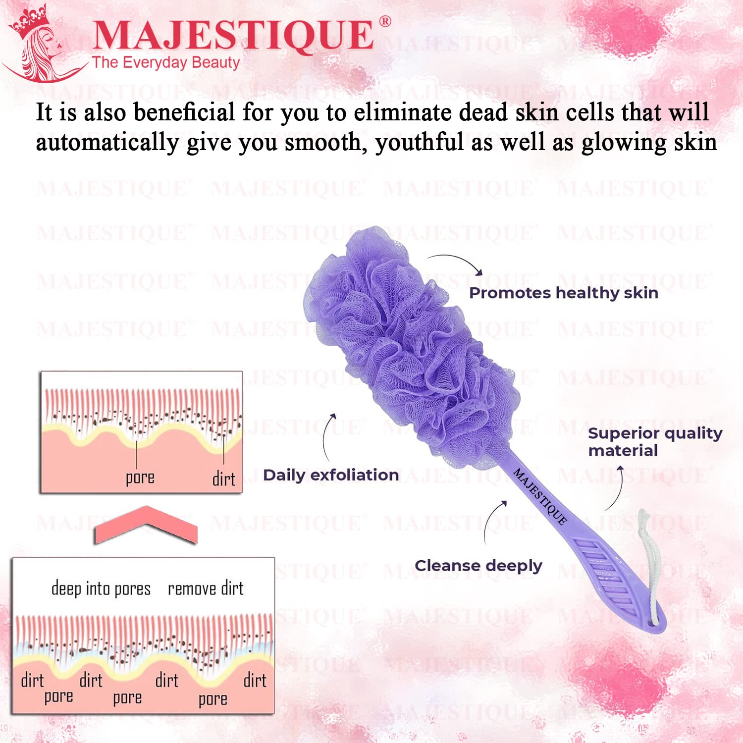 Majestique Long Handle Back Scrubber with Soft Nylon Mesh - Exfoliating Loofah Body Brush for Shower & Bath | Men & Women Skin Care | Perfect for Hard-to-Reach Areas & Deep Cleansing (Blue)