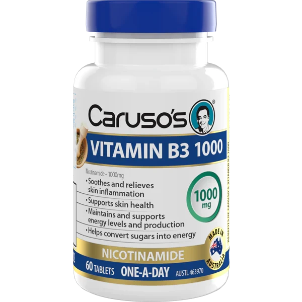 Carusos Vitamin B3 1000mg Supplement - Niacin for Energy, Skin & Heart Health - Supports Metabolism & Cholesterol - Perfect for Daily Wellness & Immune Boost