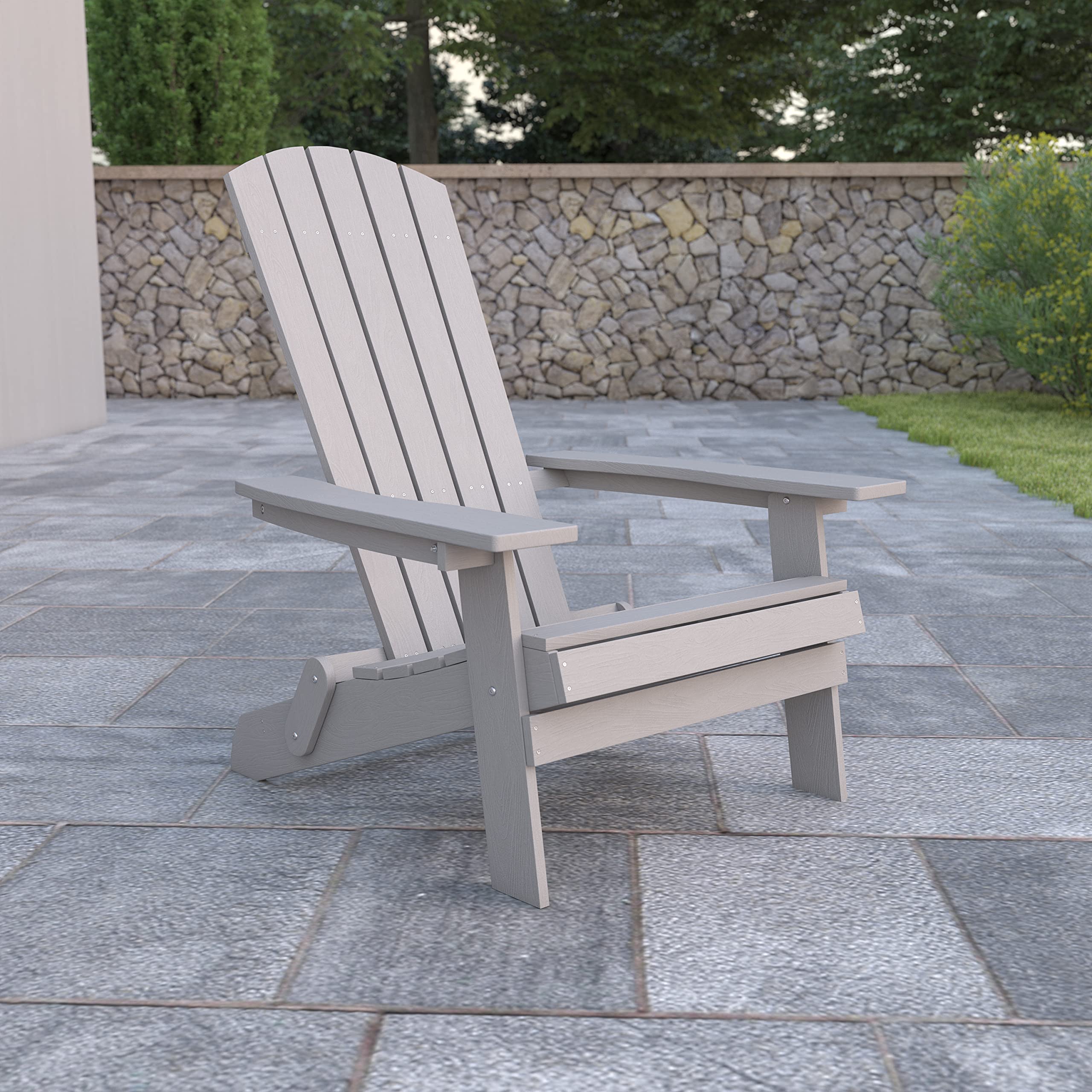 EMMA + OLIVER All-Weather Poly Resin Folding Adirondack Chair in Gray - Outdoor Patio Furniture for Garden, Poolside, Deck, and Backyard Relaxation