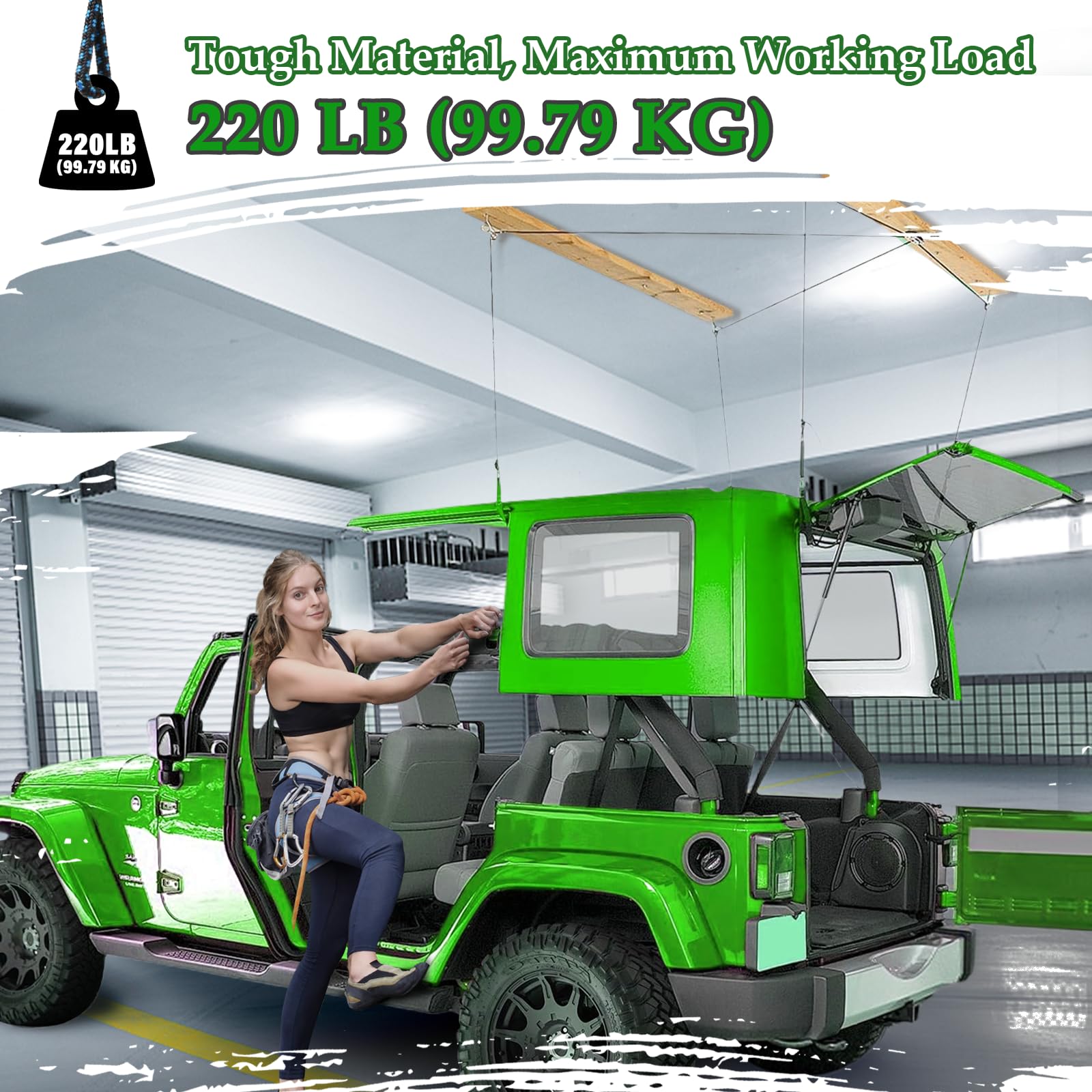 Jeep Wrangler Hard Top Removal Lift - Single Person Roof Hoist for JL & JK Models | Ford Compatible | Anti-Drop Safety System | 8-16 ft Ceiling Support | Includes 6 T Knobs | Perfect for Garage Storage & Off-Road Enthusiasts