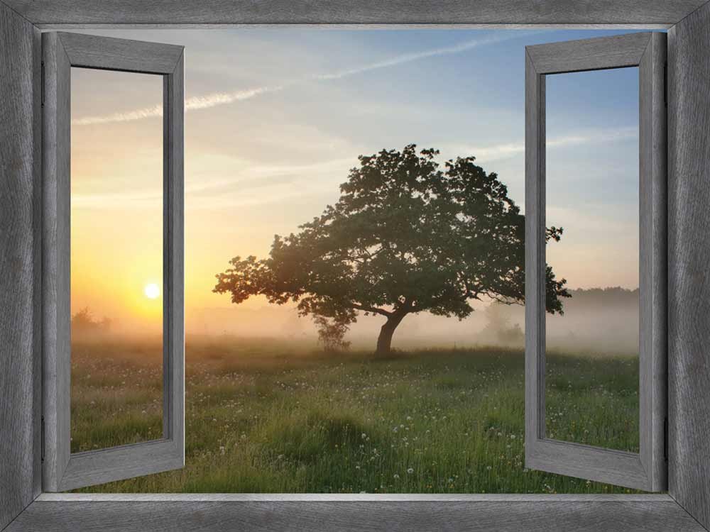 Wall26 - Open Window Creative Wall Decor - Misty Field at Sunset - 24x32 Inch Removable Wall Mural Sticker for Living Room, Bedroom & Office Decor - Perfect for Home, Apartment and Dorm Room Aesthetics