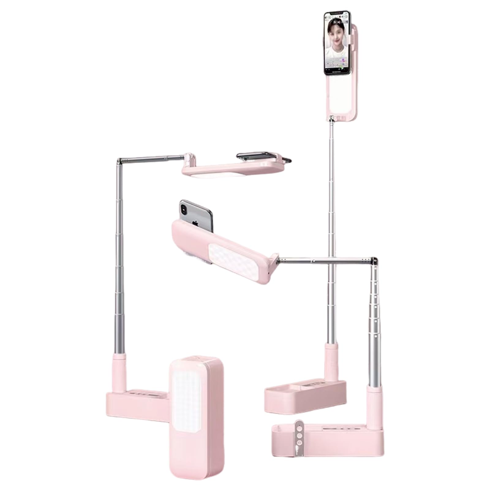 360° Rotating Extendable Selfie Stand with LED Light - Rechargeable Wireless Foldable Phone Holder for iPhone Android Smartphones - Perfect for YouTube/TikTok/Live Streaming/Vlogging & Video Calls (Pink)