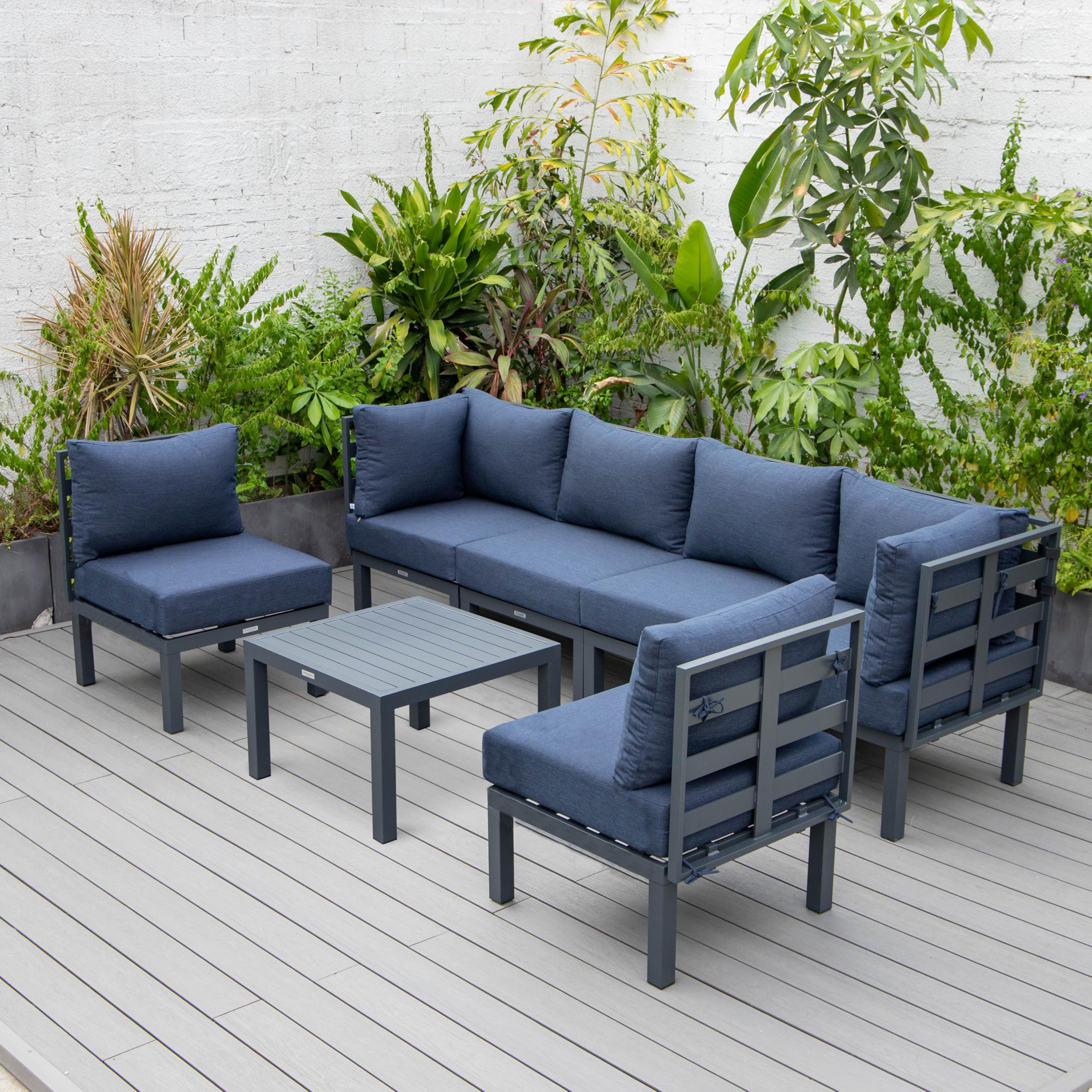LeisureMod Chelsea 7-Piece Outdoor Patio Conversation Set with Aluminum Sectional Sofa, Weather-Resistant Cushions & Coffee Table - Blue | Perfect for Backyard, Poolside & Garden Relaxation