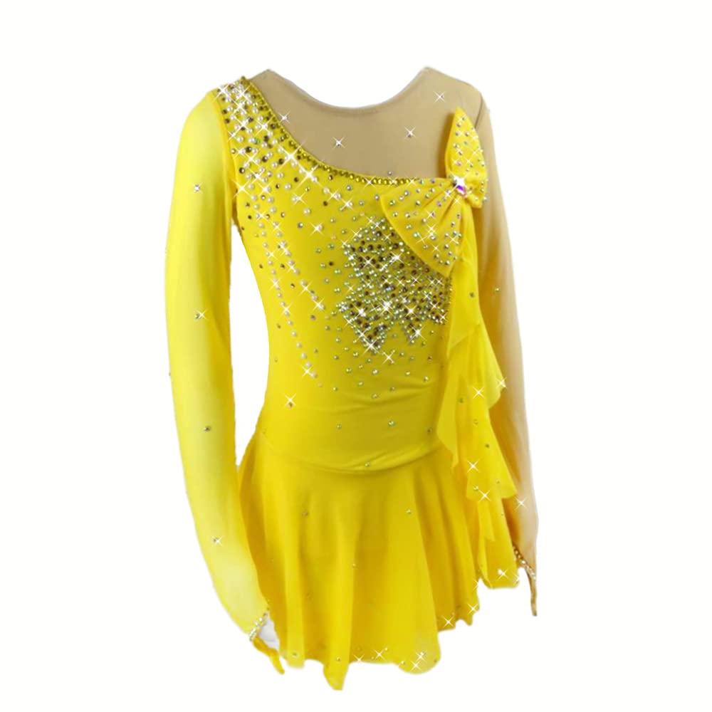 Girls & Women's Yellow Stretchy Mesh Ice Skating Dress - Figure Skating & Dance Costume for Competitions & Performances