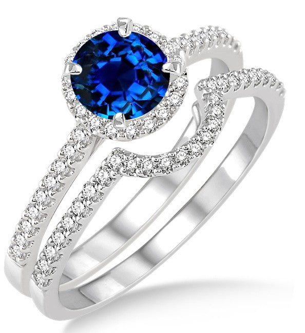 2 Carat Blue Sapphire and Moissanite Diamond Halo Engagement Ring Wedding Set in 10K White Gold - Perfect for Proposals, Anniversaries & Bridal Jewelry