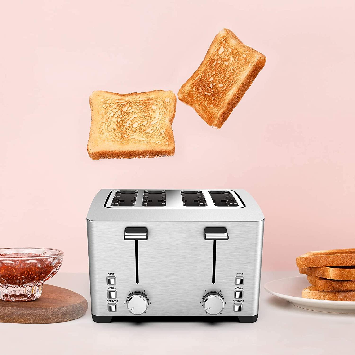 4 Slice Wide Slot Toaster - Stainless Steel with Extra-Wide Bread Slots, Defrost & Reheat Functions | LauKingdom | Perfect for Bagels, Thick Slices & Family Breakfasts