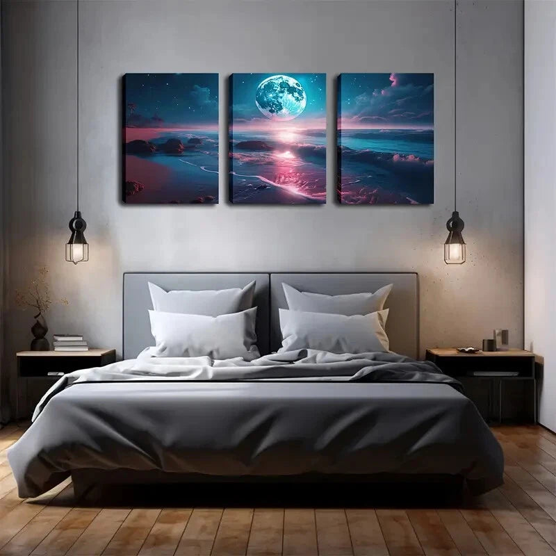 3-Piece Bright Big Moon Beach Wall Art Set - Framed 40x60cm Canvas Prints - High Quality Australian Made Wall Decor for Living Room, Bedroom & Office - Ready to Hang Coastal Home Decor