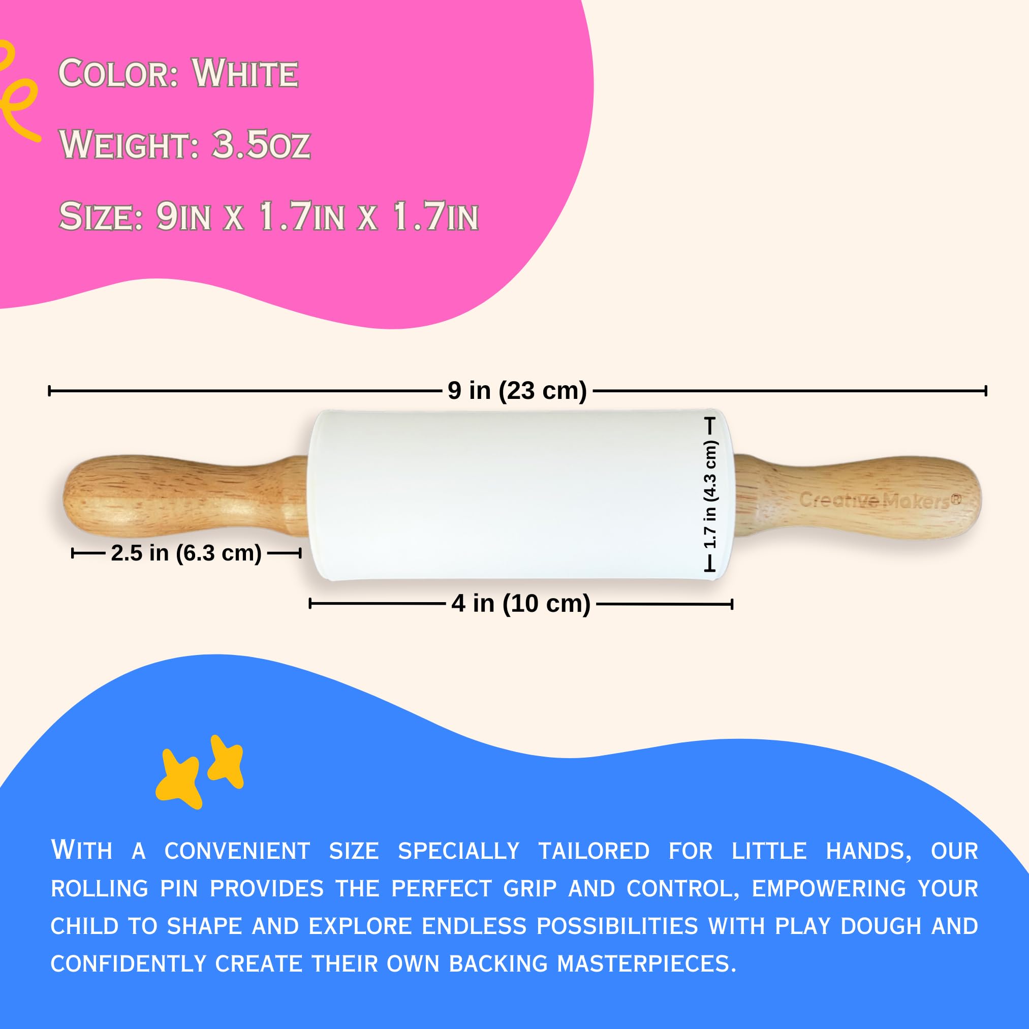 Kids Non-Stick Silicone Rolling Pin with Wooden Handles - 9 Inch White Dough Roller for Play Dough, Baking & Cookie Making - Perfect for Toddler Cooking Activities & Preschool Learning