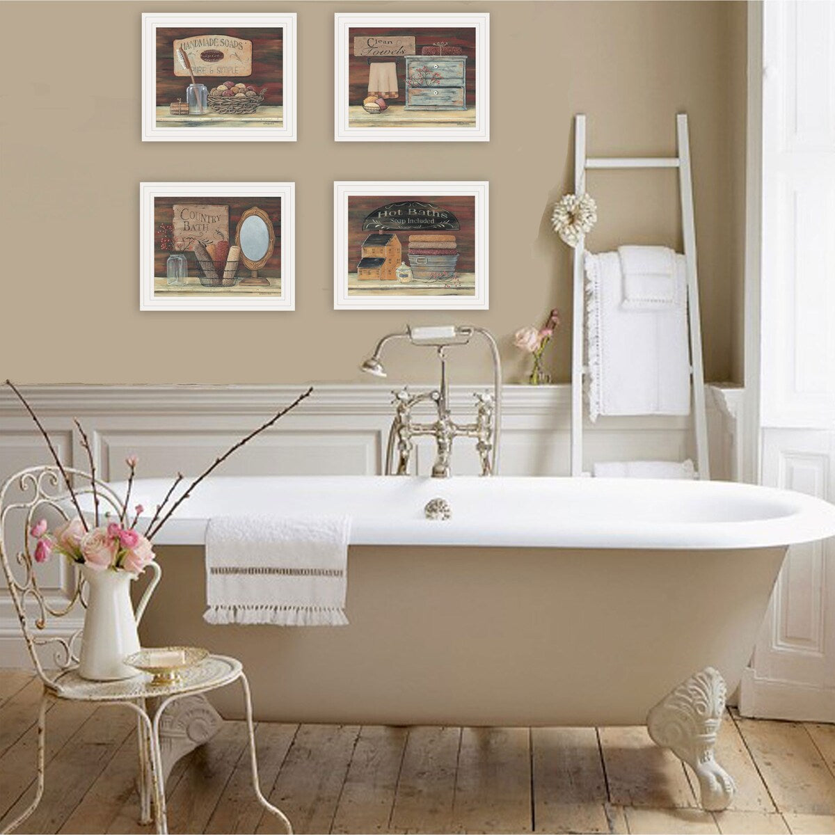 Pam Britton 4-Piece White Framed Bathroom Wall Art Set - Elegant Vignette Collection for Bathroom Decor, Home & Spa Style