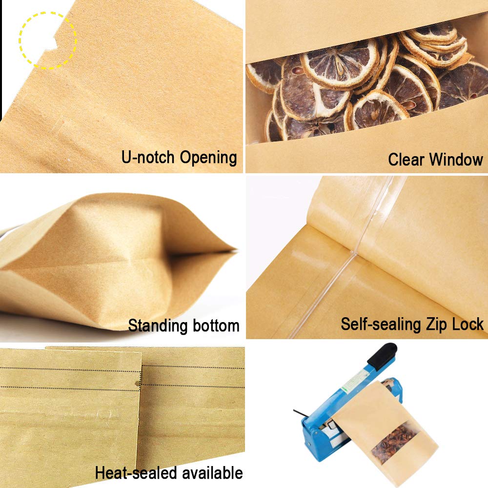 100 Pcs Resealable Kraft Paper Bags with Window - 4.7