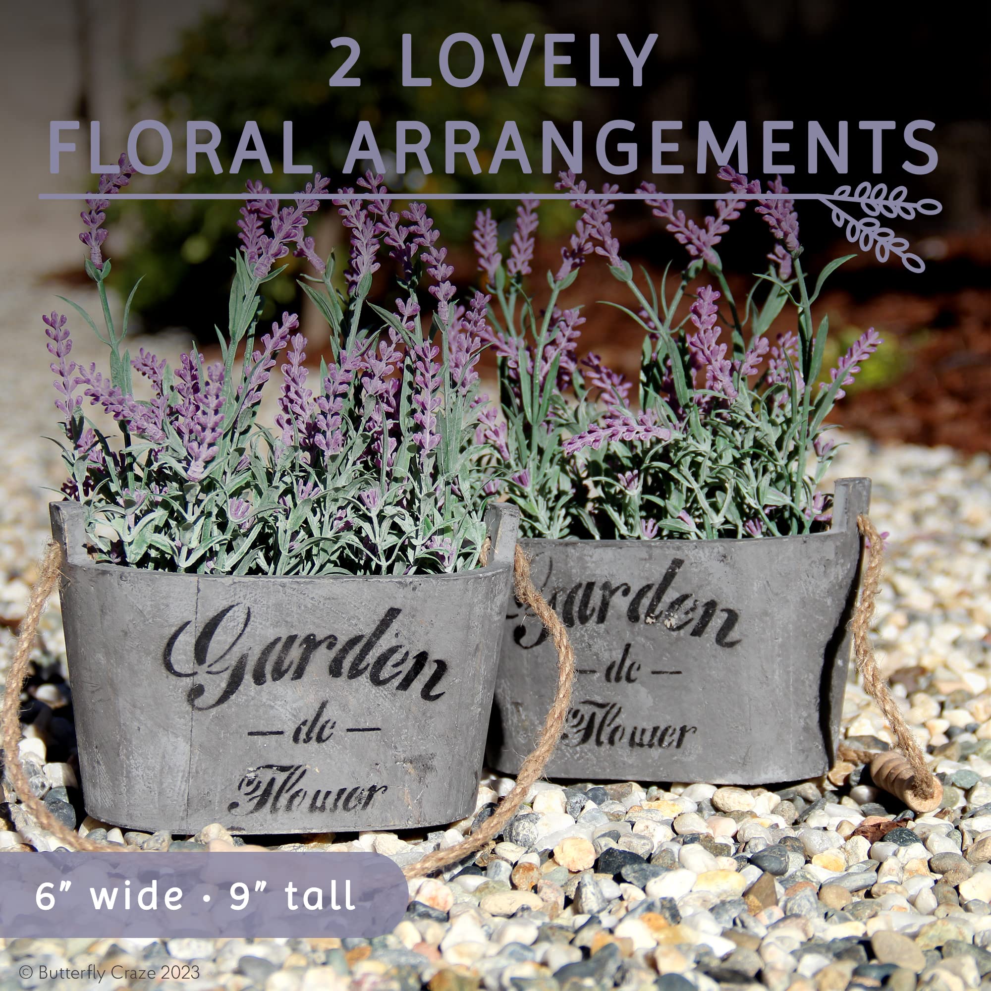 Lifelike Artificial Lavender Plants in Rustic Wooden Planters - Set of 2 Faux Silk Purple Flowers for Home, Office & Patio Decor - Perfect for Wedding Centerpieces, Farmhouse Style Decor & Gift Giving