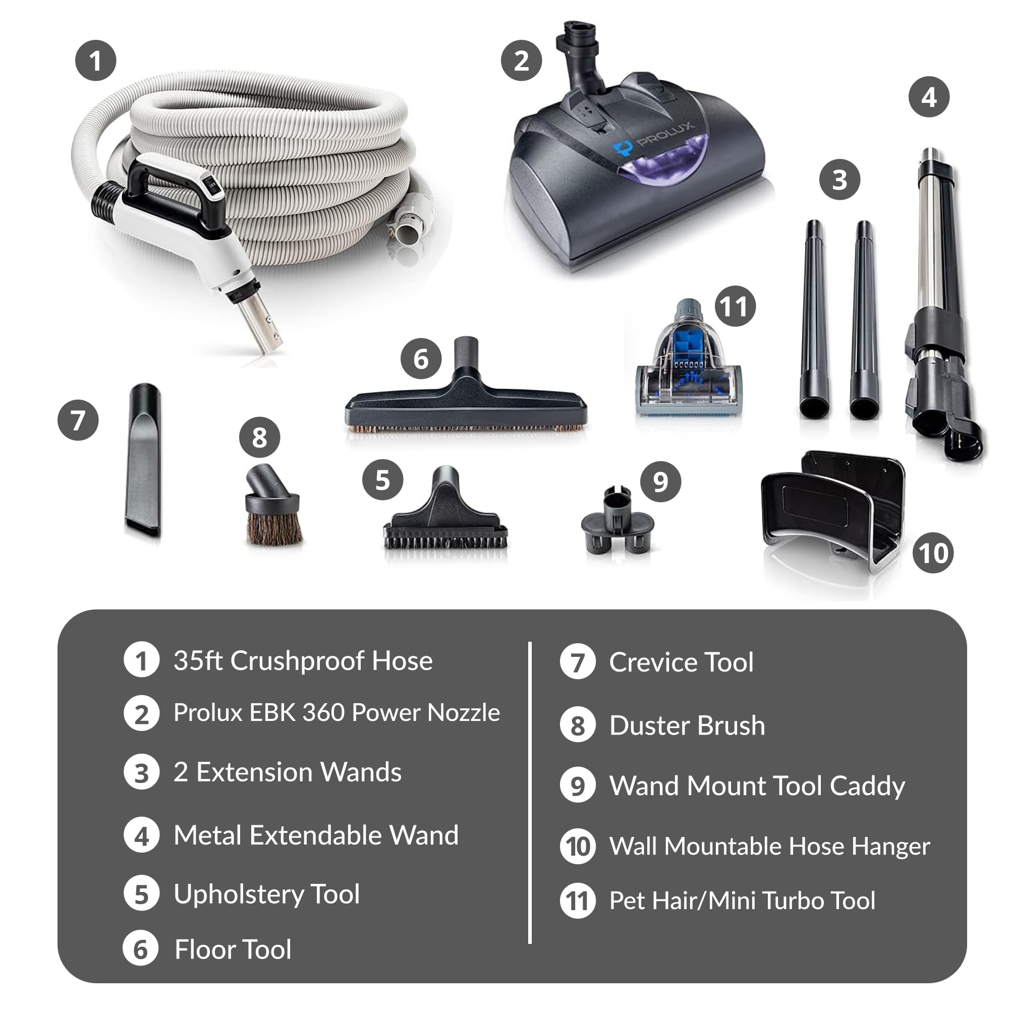 Premium 35ft Universal Central Vacuum Hose Kit with Wessel Werk Power Nozzle - Pigtail Connection for Prolux Systems - Ideal for Whole-House Cleaning, Pet Hair Removal & Hard Floor Maintenance