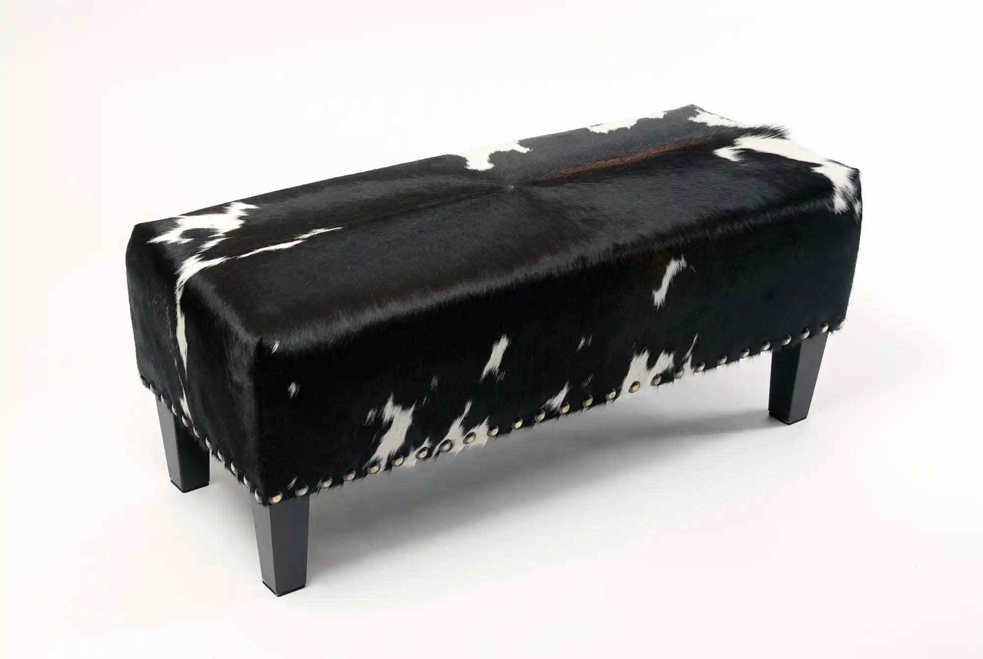 Premium Cowhide Ottoman with Sturdy Wood Legs & Studs - 100x40x40cm - Perfect for Living Room, Bedroom & Home Decor