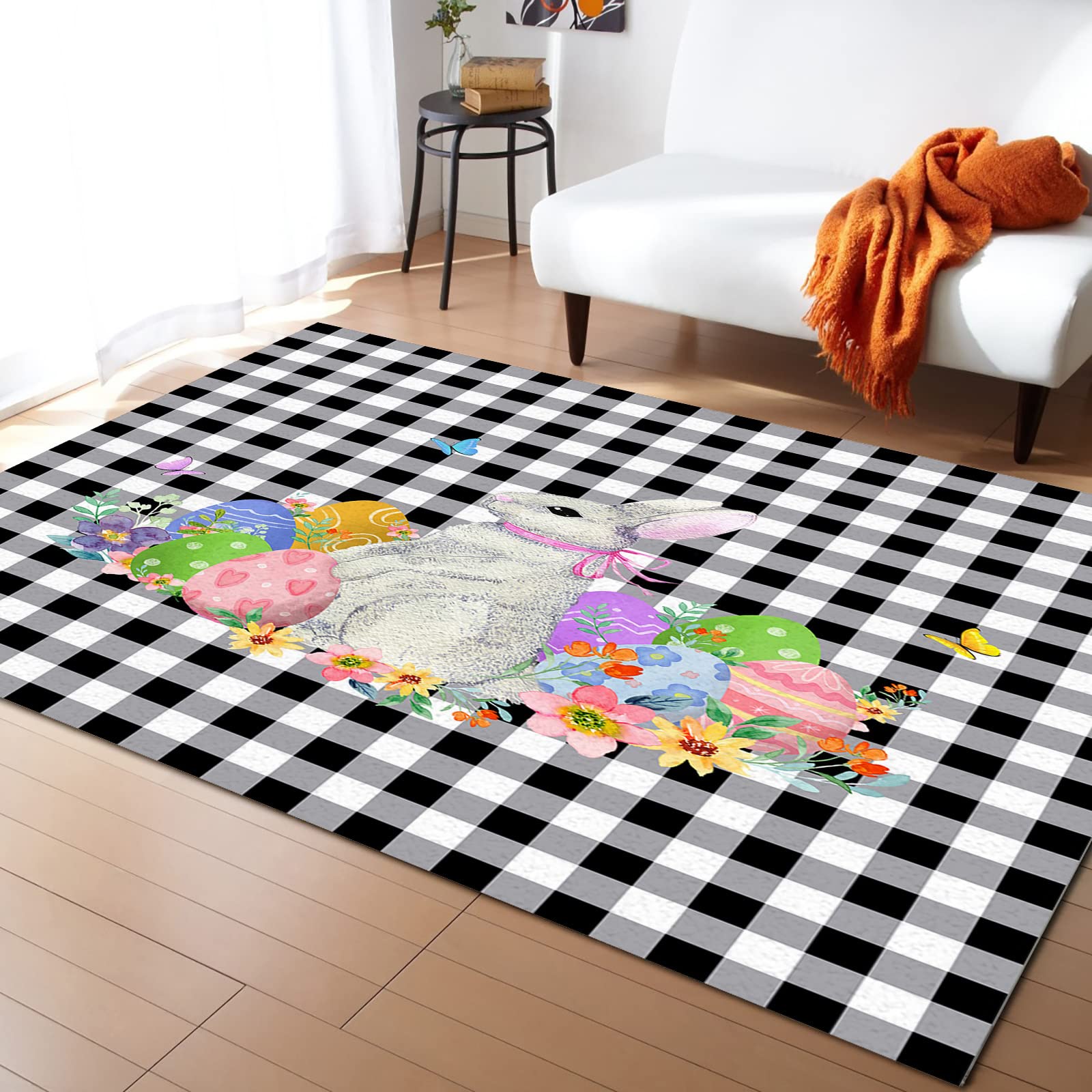 Non-Shedding Thick Area Rug Pad - 60x96 Inch Black and White Buffalo Plaid Floor Mat for Living Room, Bedroom, Kitchen - Easter Bunny Eggs Flower Design - Home Carpet Protection for Hardwood Floors & High Traffic Areas