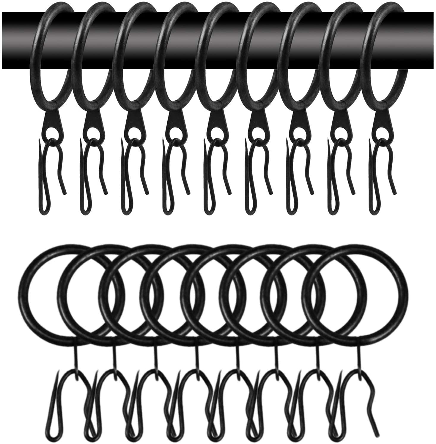 60 Pcs Black Metal Curtain Rings with Eyelet & Drapery Hooks - 30mm Inner Diameter for Drapes, Sheer Curtains & Valances - Perfect for Home Decor & Window Treatments